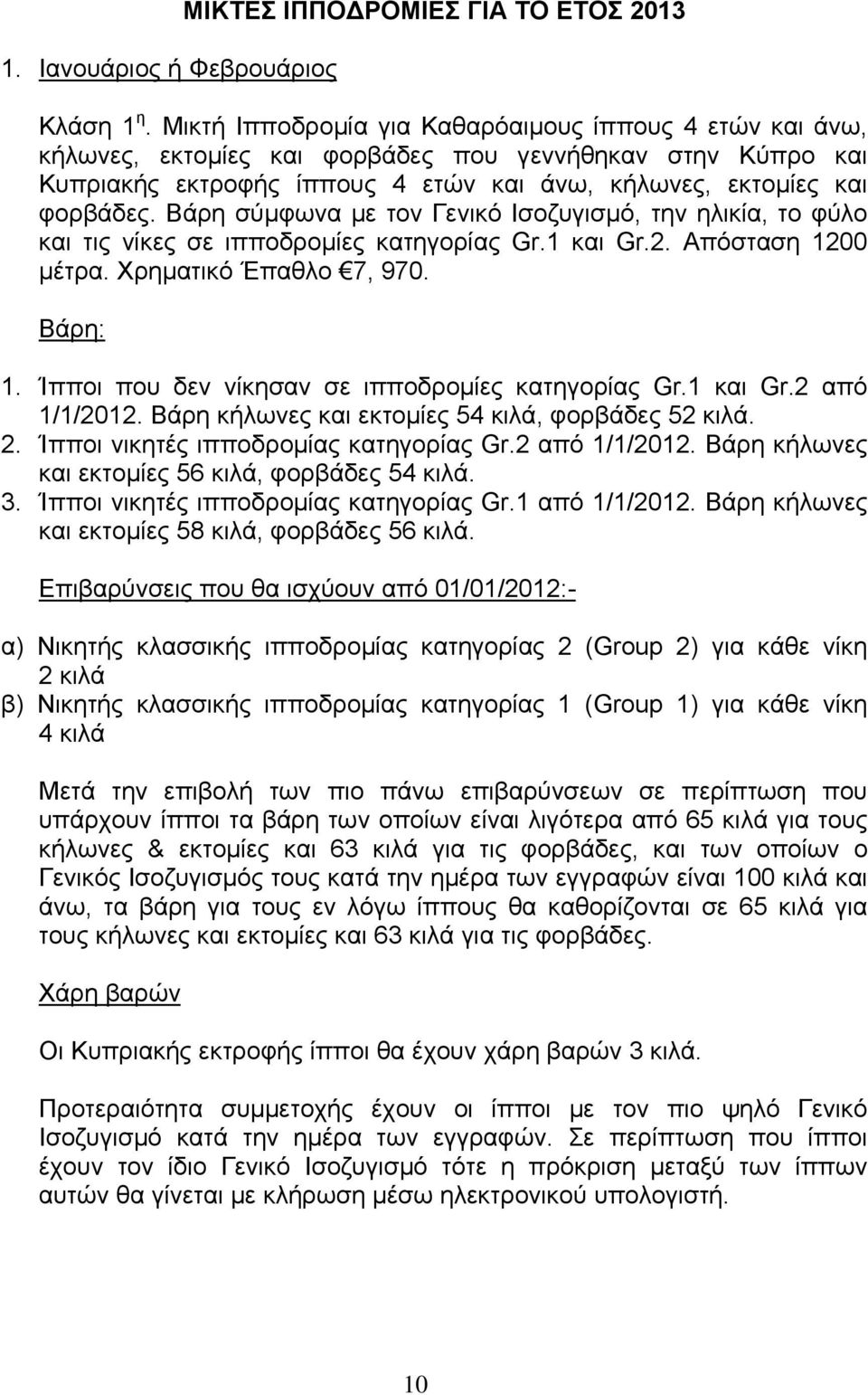 Βάρη σύμφωνα με τον Γενικό Ισοζυγισμό, την ηλικία, το φύλο και τις νίκες σε ιπποδρομίες κατηγορίας Gr.1 και Gr.2. Απόσταση 1200 μέτρα. Χρηματικό Έπαθλο 7, 970. Βάρη: 1.