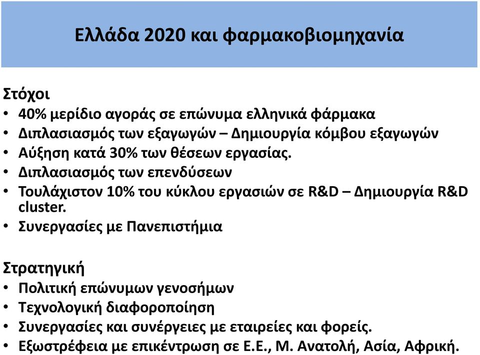 Διπλαςιαςμόσ των επενδφςεων Τουλάχιςτον 10% του κφκλου εργαςιϊν ςε R&D Δθμιουργία R&D cluster.