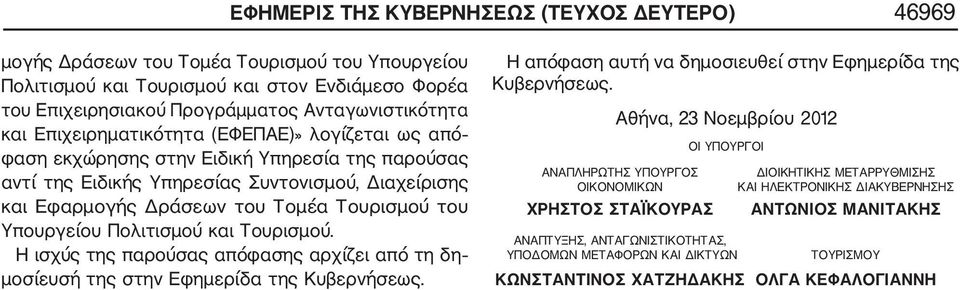 Υπουργείου Πολιτισμού και Τουρισμού. Η ισχύς της παρούσας απόφασης αρχίζει από τη δη μοσίευσή της στην Εφημερίδα της Κυβερνήσεως. Η απόφαση αυτή να δημοσιευθεί στην Εφημερίδα της Κυβερνήσεως.