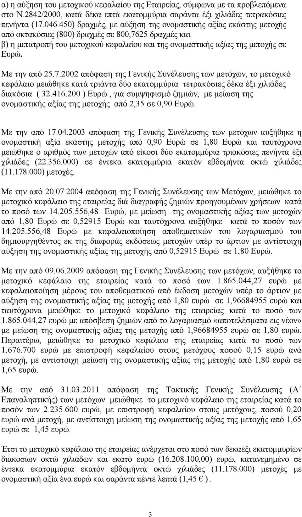 Με την από 25.7.2002 απόφαση της Γενικής Συνέλευσης των μετόχων, το μετοχικό κεφάλαιο μειώθηκε κατά τριάντα δύο εκατομμύρια τετρακόσιες δέκα έξι χιλιάδες διακόσια ( 32.416.