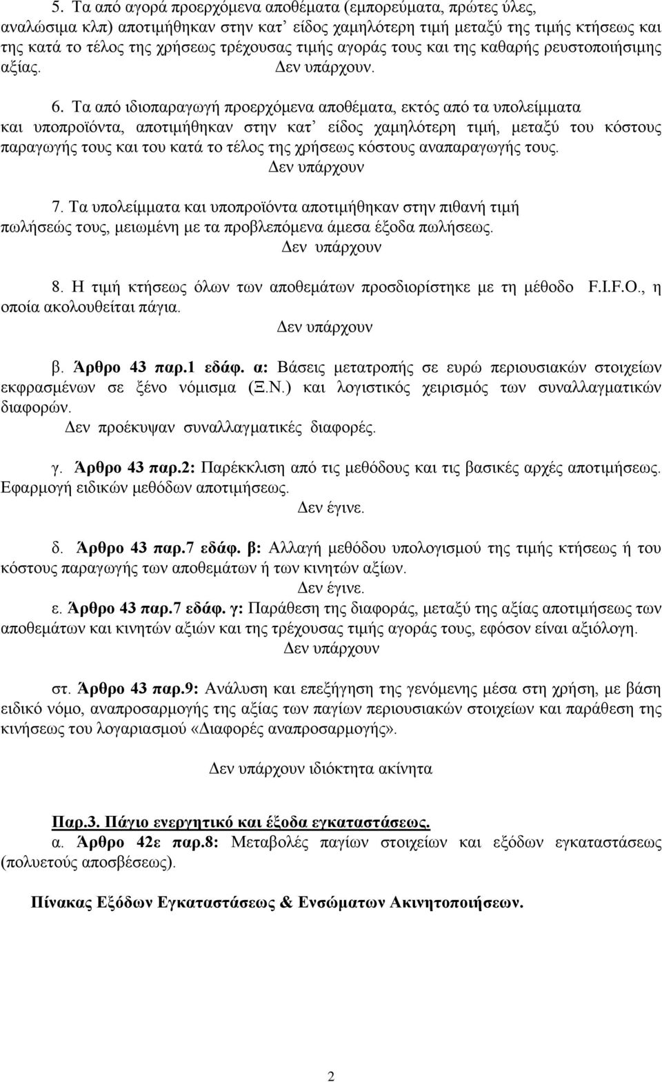 Τα από ιδιοπαραγωγή προερχόμενα αποθέματα, εκτός από τα υπολείμματα και υποπροϊόντα, αποτιμήθηκαν στην κατ είδος χαμηλότερη τιμή, μεταξύ του κόστους παραγωγής τους και του κατά το τέλος της χρήσεως