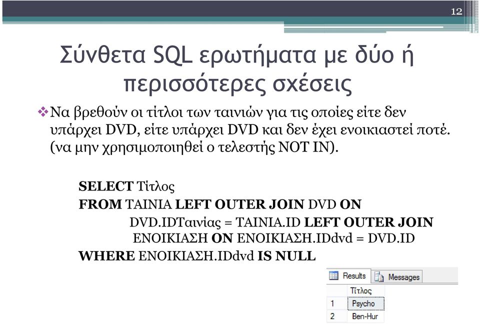 οέ (να μην χρησιμοποιηθεί ο τελεστής NOT IN).