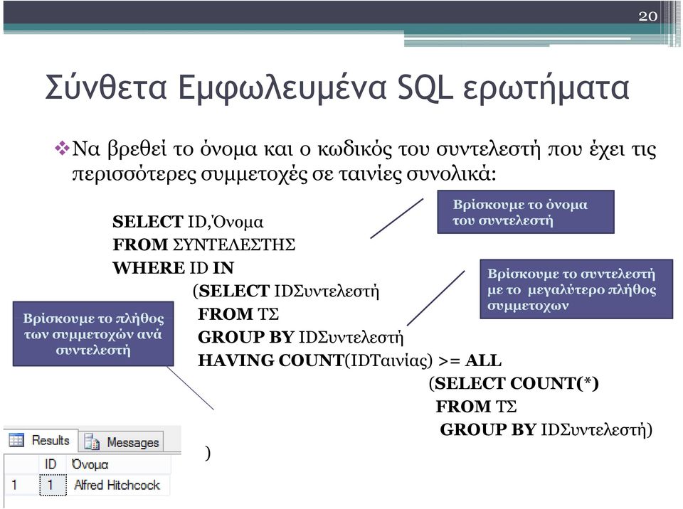 SELECT ID,Όνομα FROM ΣΥΝΤΕΛΕΣΤΗΣ WHERE ID IN (SELECT IDΣυντελεστή FROM ΤΣ GROUP BY IDΣυντελεστή HAVING