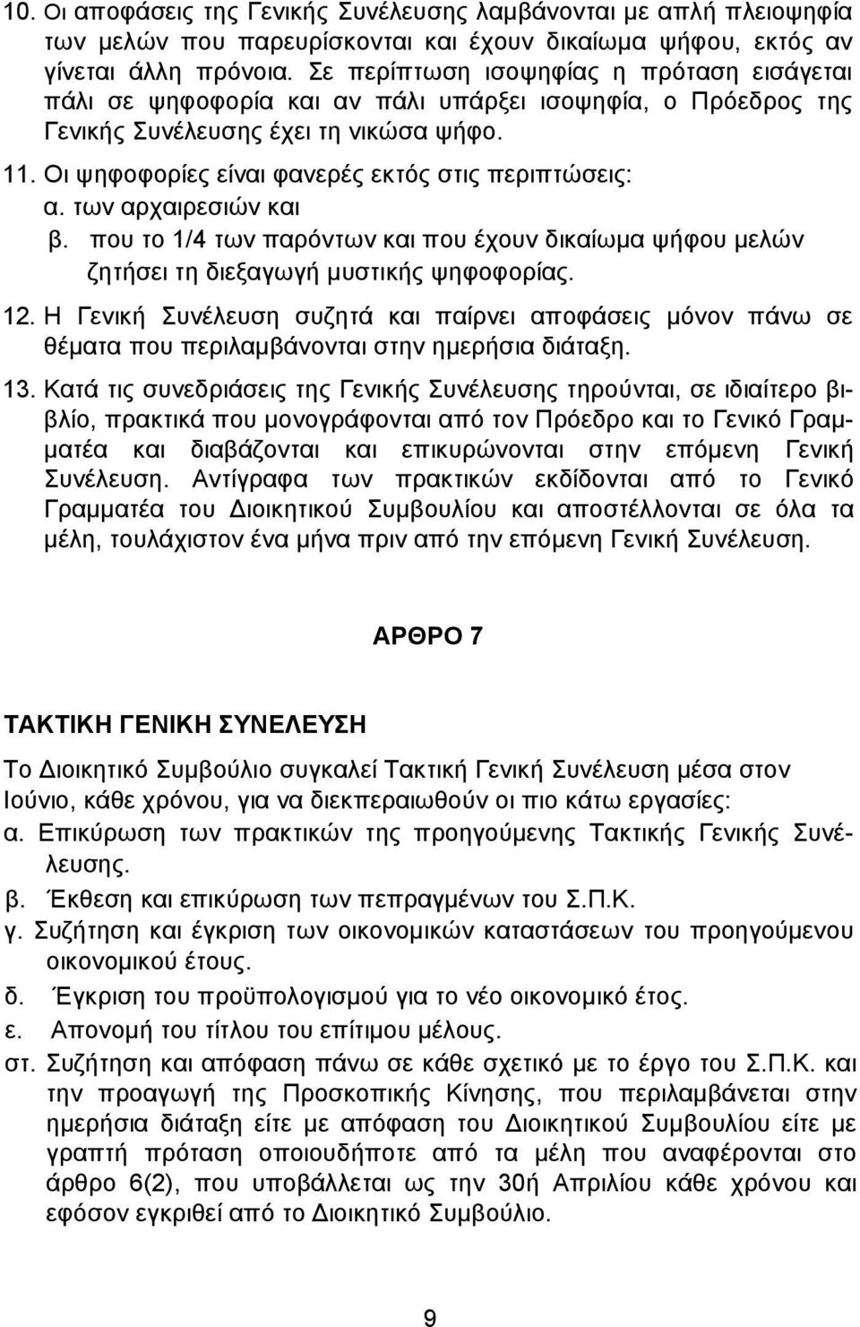 Οι ψηφοφορίες είναι φανερές εκτός στις περιπτώσεις: α. των αρχαιρεσιών και β. που το 1/4 των παρόντων και που έχουν δικαίωµα ψήφου µελών ζητήσει τη διεξαγωγή µυστικής ψηφοφορίας. 12.