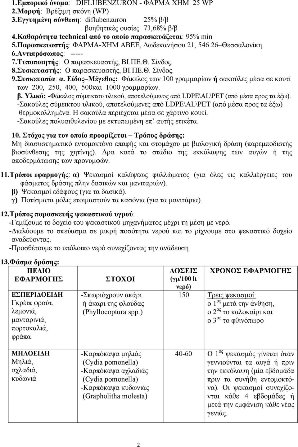 Συσκευαστής: Ο παρασκευαστής, ΒΙ.ΠΕ.Θ. Σίνδος. 9.Συσκευασία: α. Είδος Μέγεθος: Φάκελος των 100 γραµµαρίων ή σακούλες µέσα σε κουτί των 200, 250, 400, 500και 1000 γραµµαρίων. β.