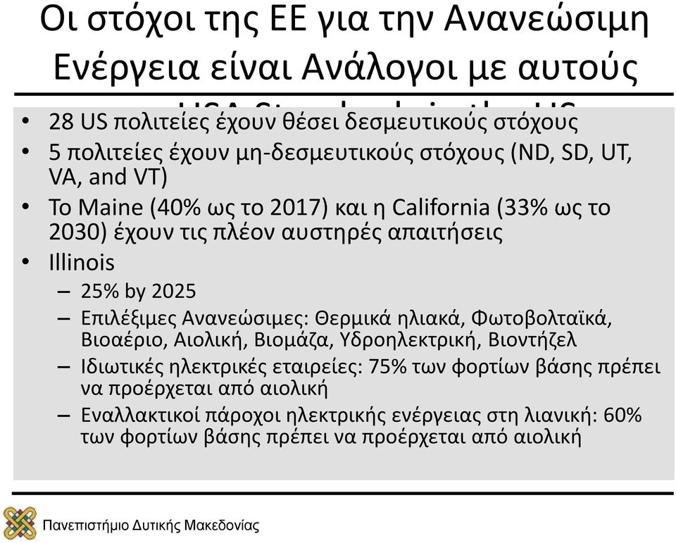 Illinois 25% by 2025 Επιλέξιμες Ανανεώσιμες: Θερμικά ηλιακά, Φωτοβολταϊκά, Βιοαέριο, Αιολική, Βιομάζα, Υδροηλεκτρική, Βιοντήζελ Ιδιωτικές ηλεκτρικές