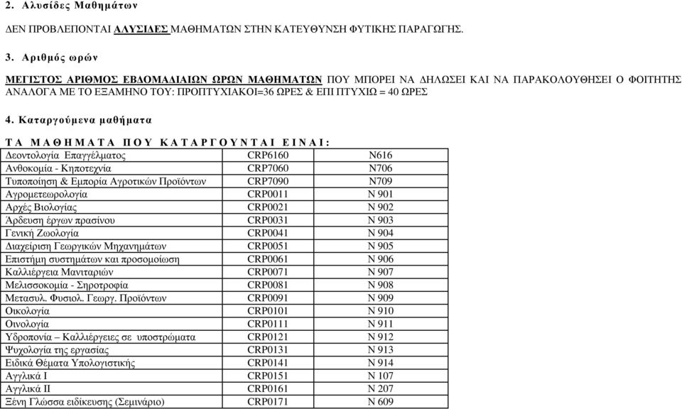 Καταργούµενα µαθήµατα TΑ ΜΑΘΗΜΑΤΑ ΠΥ ΚΑΤΑΡΓΥΝΤΑΙ ΕΙΝΑΙ: εοντολογία Επαγγέλµατος CRP6160 N616 Ανθοκοµία - Κηποτεχνία CRP7060 N706 Τυποποίηση & Εµπορία Αγροτικών Προϊόντων CRP7090 N709 Αγροµετεωρολογία