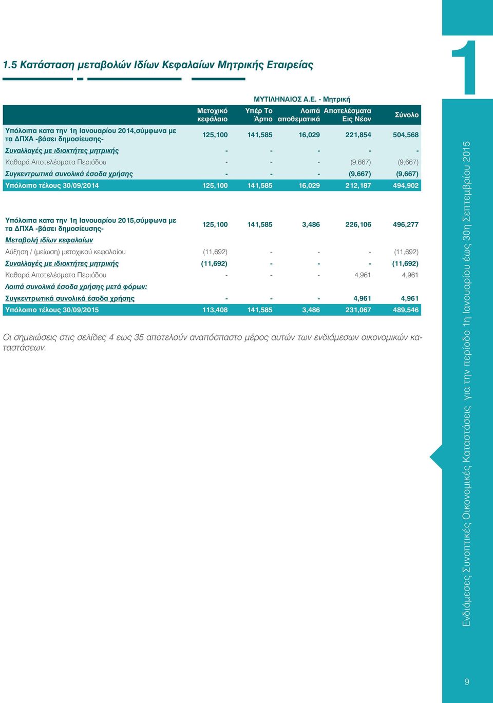 - Μητρική Υπέρ Το Άρτιο Λοιπά αποθεματικά Αποτελέσματα Εις Νέον Σύνολο 125,100 141,585 16,029 221,854 504,568 Συναλλαγές με ιδιοκτήτες μητρικής - - - - - Καθαρά Αποτελέσματα Περιόδου - - - (9,667)