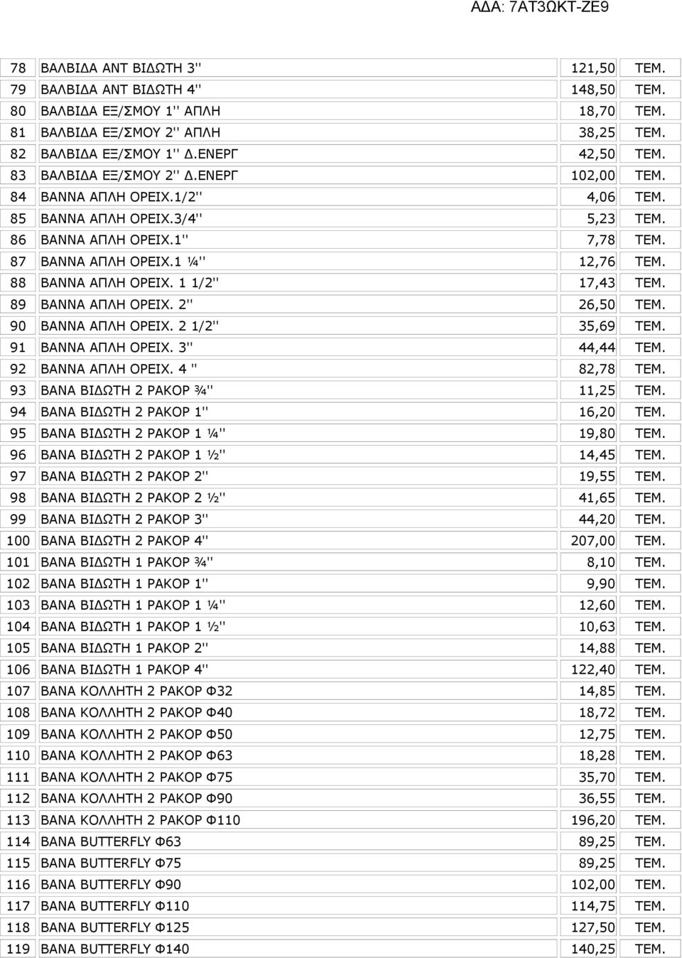 88 ΒΑΝΝΑ ΑΠΛΗ ΟΡΕΙΧ. 1 1/2'' 17,43 ΤΕΜ. 89 ΒΑΝΝΑ ΑΠΛΗ ΟΡΕΙΧ. 2'' 26,50 ΤΕΜ. 90 ΒΑΝΝΑ ΑΠΛΗ ΟΡΕΙΧ. 2 1/2'' 35,69 ΤΕΜ. 91 ΒΑΝΝΑ ΑΠΛΗ ΟΡΕΙΧ. 3'' 44,44 ΤΕΜ. 92 ΒΑΝΝΑ ΑΠΛΗ ΟΡΕΙΧ. 4 '' 82,78 ΤΕΜ.