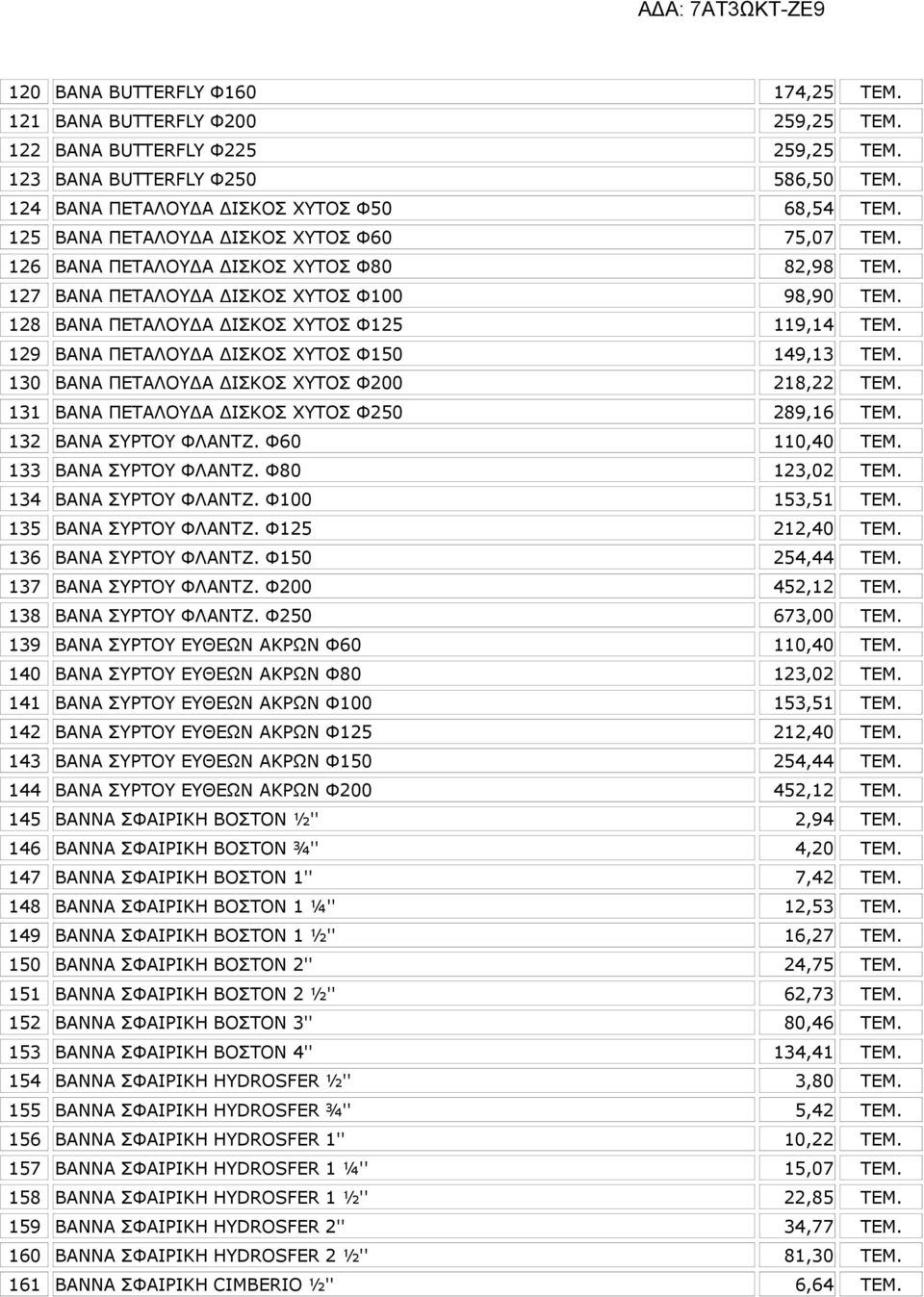 129 ΒΑΝΑ ΠΕΤΑΛΟΥΔΑ ΔΙΣΚΟΣ ΧΥΤΟΣ Φ150 149,13 ΤΕΜ. 130 ΒΑΝΑ ΠΕΤΑΛΟΥΔΑ ΔΙΣΚΟΣ ΧΥΤΟΣ Φ200 218,22 ΤΕΜ. 131 ΒΑΝΑ ΠΕΤΑΛΟΥΔΑ ΔΙΣΚΟΣ ΧΥΤΟΣ Φ250 289,16 ΤΕΜ. 132 ΒΑΝΑ ΣΥΡΤΟΥ ΦΛΑΝΤΖ. Φ60 110,40 ΤΕΜ.