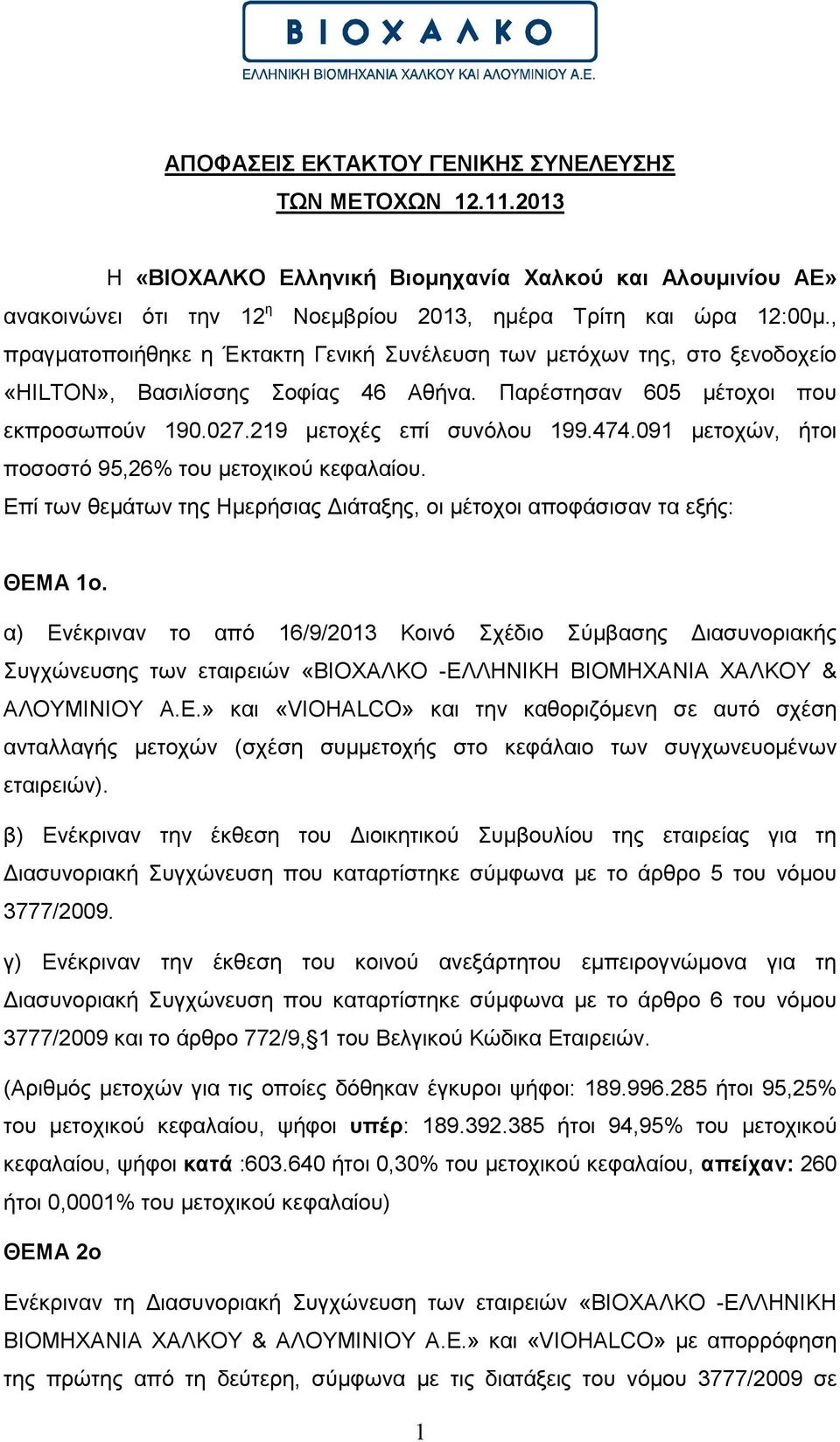 091 µετοχών, ήτοι ποσοστό 95,26% του µετοχικού κεφαλαίου. Επί των θεµάτων της Ηµερήσιας ιάταξης, οι µέτοχοι αποφάσισαν τα εξής: ΘΕΜΑ 1ο.