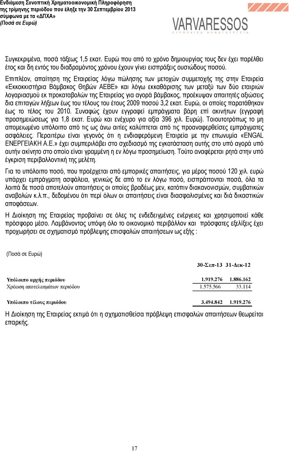 της Εταιρείας για αγορά βάµβακος, προέκυψαν απαιτητές αξιώσεις δια επιταγών λήξεων έως του τέλους του έτους 2009 ποσού 3,2 εκατ. Ευρώ, οι οποίες παρατάθηκαν έως το τέλος του 2010.