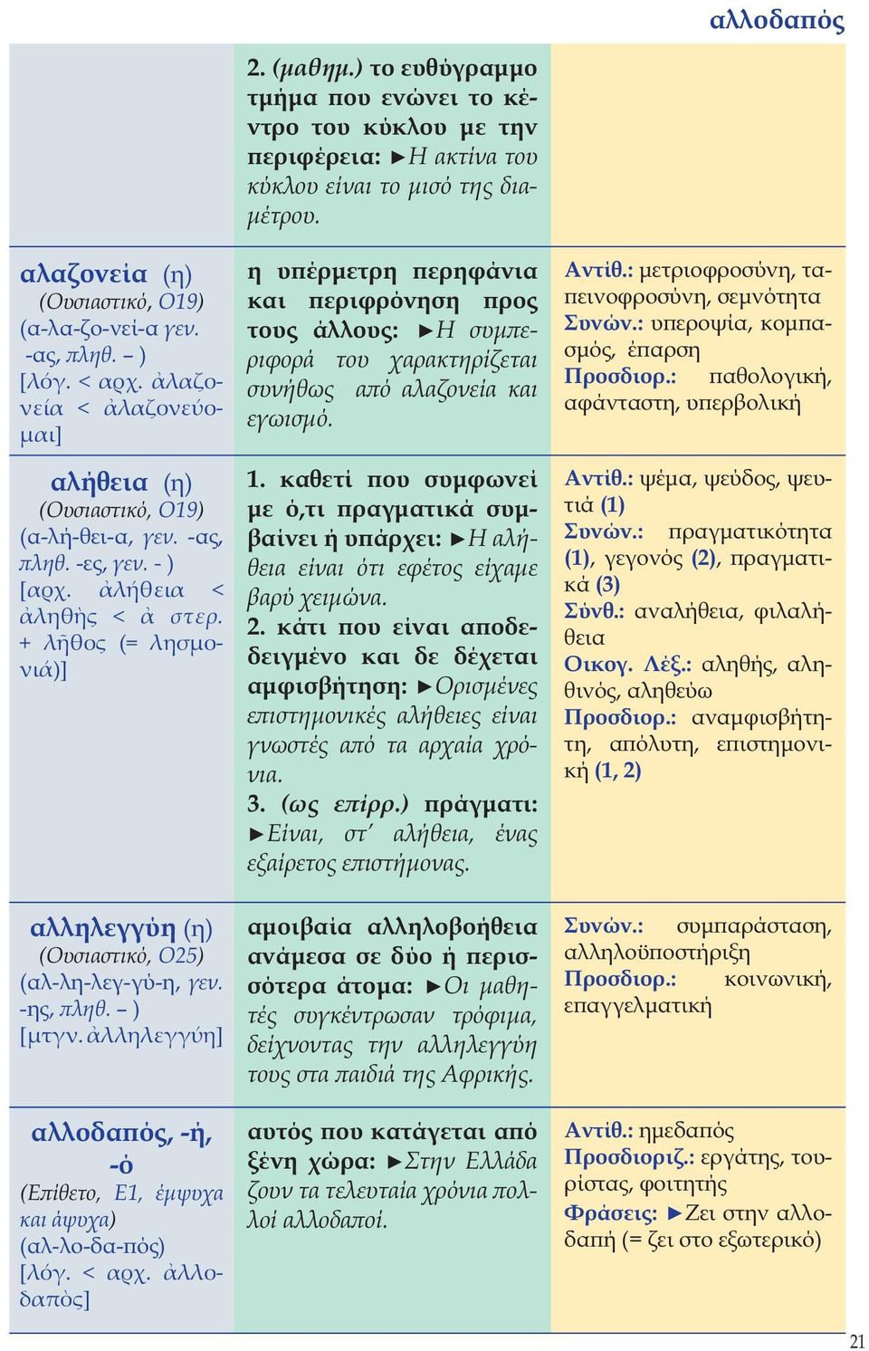 λληλεγγύη] αλλοδαπός, -ή, -ό (Επίθετο, Ε1, έμψυχα και άψυχα) (αλ-λο-δα-πός) [λόγ. < αρχ. λλοδαπ ς] 2. (μαθημ.