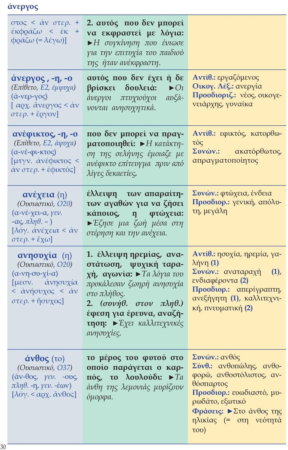 + συχος] 2. αυτός που δεν μπορεί να εκφραστεί με λόγια: Η συγκίνηση που ένιωσε για την επιτυχία του παιδιού της ήταν ανέκφραστη.