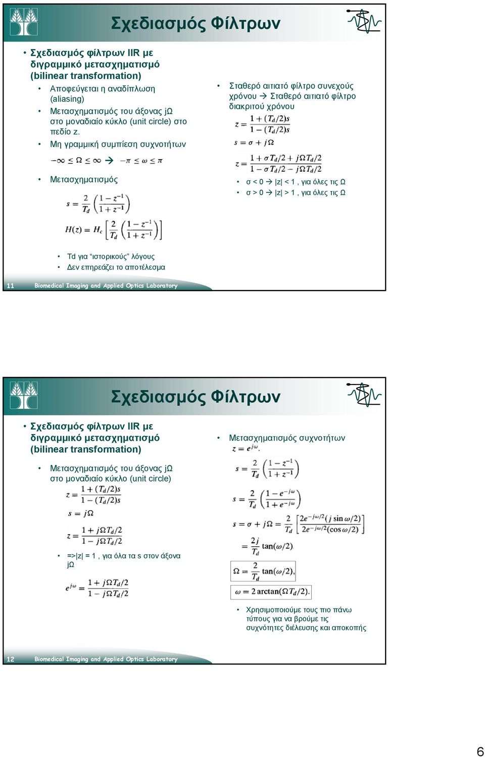 Μη γραμμική συμπίεση συχνοτήτων Μετασχηματισμός Σταθερό αιτιατό φίλτρο συνεχούς χρόνου Σταθερό αιτιατό φίλτρο διακριτού χρόνου σ < 0 z < 1, για όλες τις Ω σ > 0 z > 1, για όλες