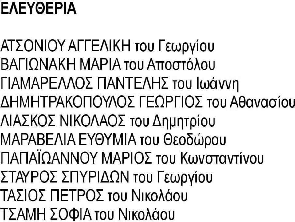 ΝΙΚΟΛΑΟΣ του Δημητρίου ΜΑΡΑΒΕΛΙΑ ΕΥΘΥΜΙΑ του Θεοδώρου ΠΑΠΑΪΩΑΝΝΟΥ ΜΑΡΙΟΣ του