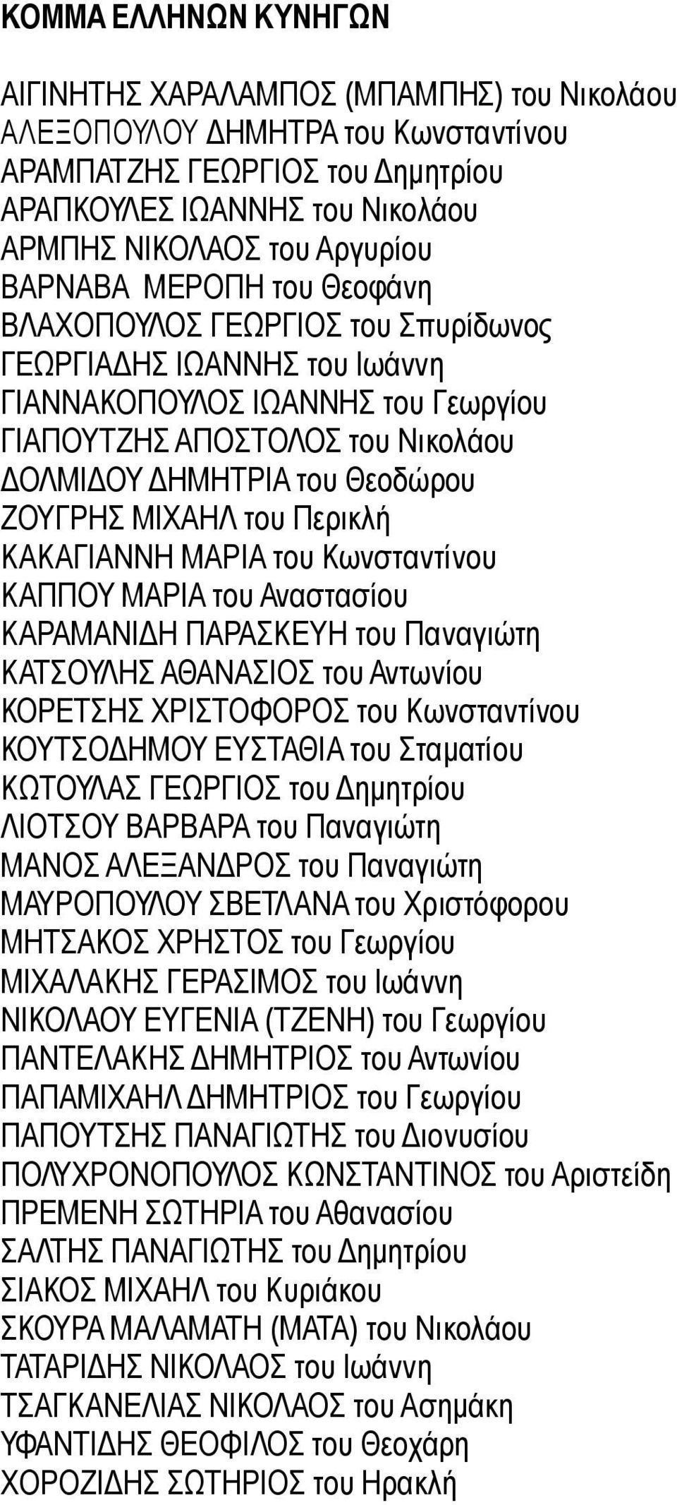 ΖΟΥΓΡΗΣ ΜΙΧΑΗΛ του Περικλή ΚΑΚΑΓΙΑΝΝΗ ΜΑΡΙΑ του Κωνσταντίνου ΚΑΠΠΟΥ ΜΑΡΙΑ του Αναστασίου ΚΑΡΑΜΑΝΙΔΗ ΠΑΡΑΣΚΕΥΗ του Παναγιώτη ΚΑΤΣΟΥΛΗΣ ΑΘΑΝΑΣΙΟΣ του Αντωνίου ΚΟΡΕΤΣΗΣ ΧΡΙΣΤΟΦΟΡΟΣ του Κωνσταντίνου