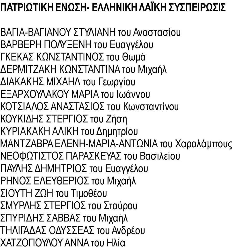 του Ζήση ΚΥΡΙΑΚΑΚΗ ΑΛΙΚΗ του Δημητρίου ΜΑΝΤΖΑΒΡΑ ΕΛΕΝΗ-ΜΑΡΙΑ-ΑΝΤΩΝΙΑ του Χαραλάμπους ΝΕΟΦΩΤΙΣΤΟΣ ΠΑΡΑΣΚΕΥΑΣ του Βασιλείου ΠΑΥΛΗΣ ΔΗΜΗΤΡΙΟΣ του Ευαγγέλου