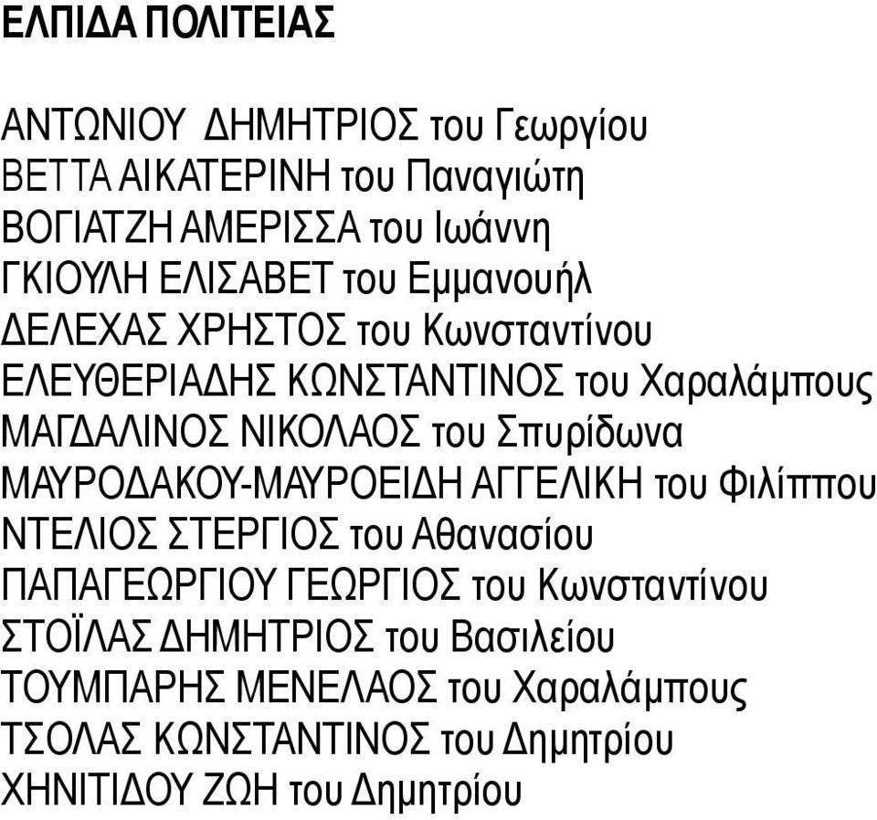 Σπυρίδωνα ΜΑΥΡΟΔΑΚΟΥ-ΜΑΥΡΟΕΙΔΗ ΑΓΓΕΛΙΚΗ του Φιλίππου ΝΤΕΛΙΟΣ ΣΤΕΡΓΙΟΣ του Αθανασίου ΠΑΠΑΓΕΩΡΓΙΟΥ ΓΕΩΡΓΙΟΣ του Κωνσταντίνου