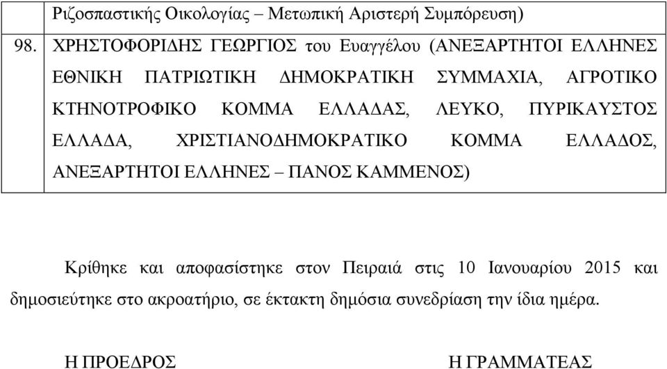 αποφασίστηκε στον Πειραιά στις 10 Ιανουαρίου 2015 και δημοσιεύτηκε στο