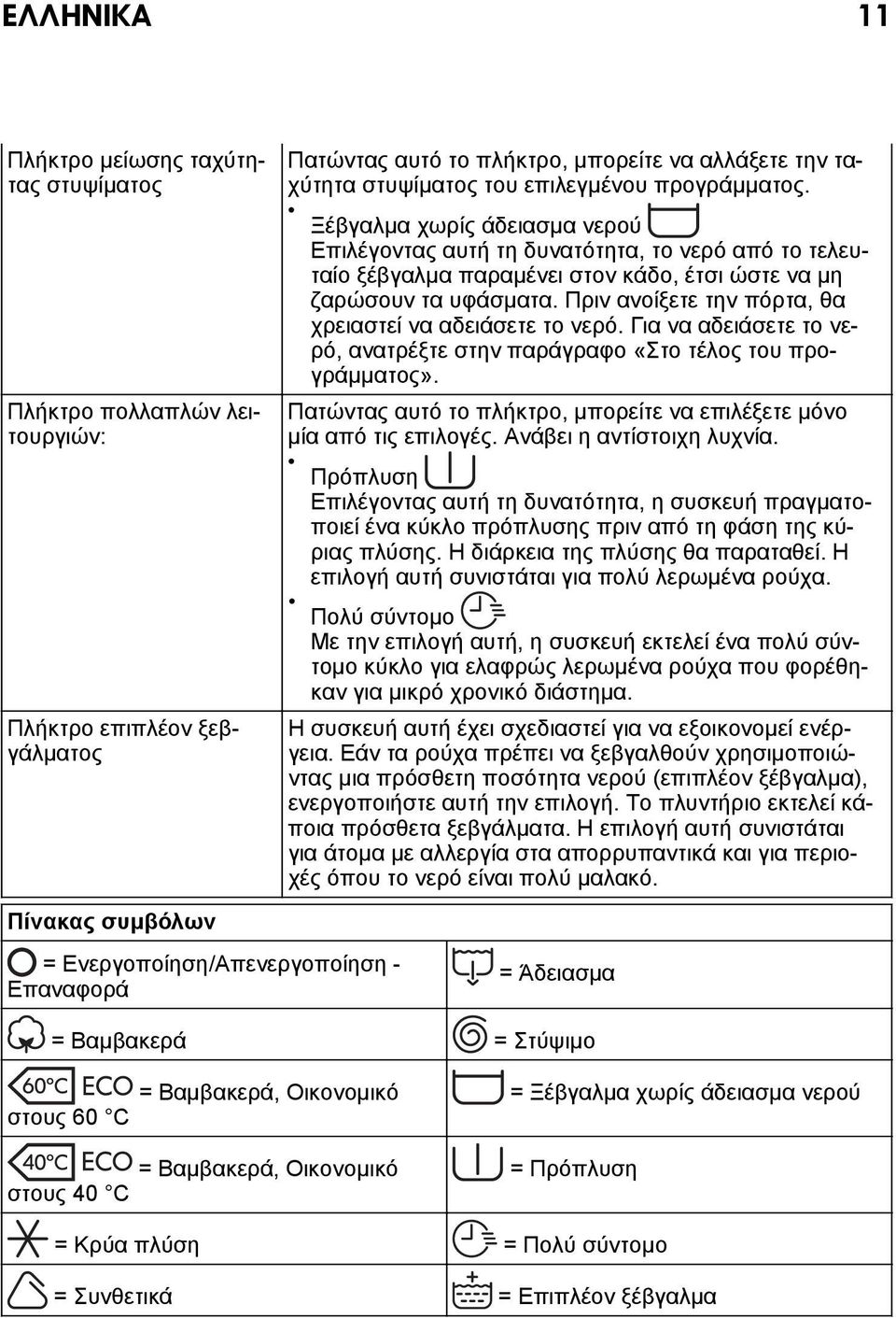 Ξέβγαλμα χωρίς άδειασμα νερού Επιλέγοντας αυτή τη δυνατότητα, το νερό από το τελευταίο ξέβγαλμα παραμένει στον κάδο, έτσι ώστε να μη ζαρώσουν τα υφάσματα.