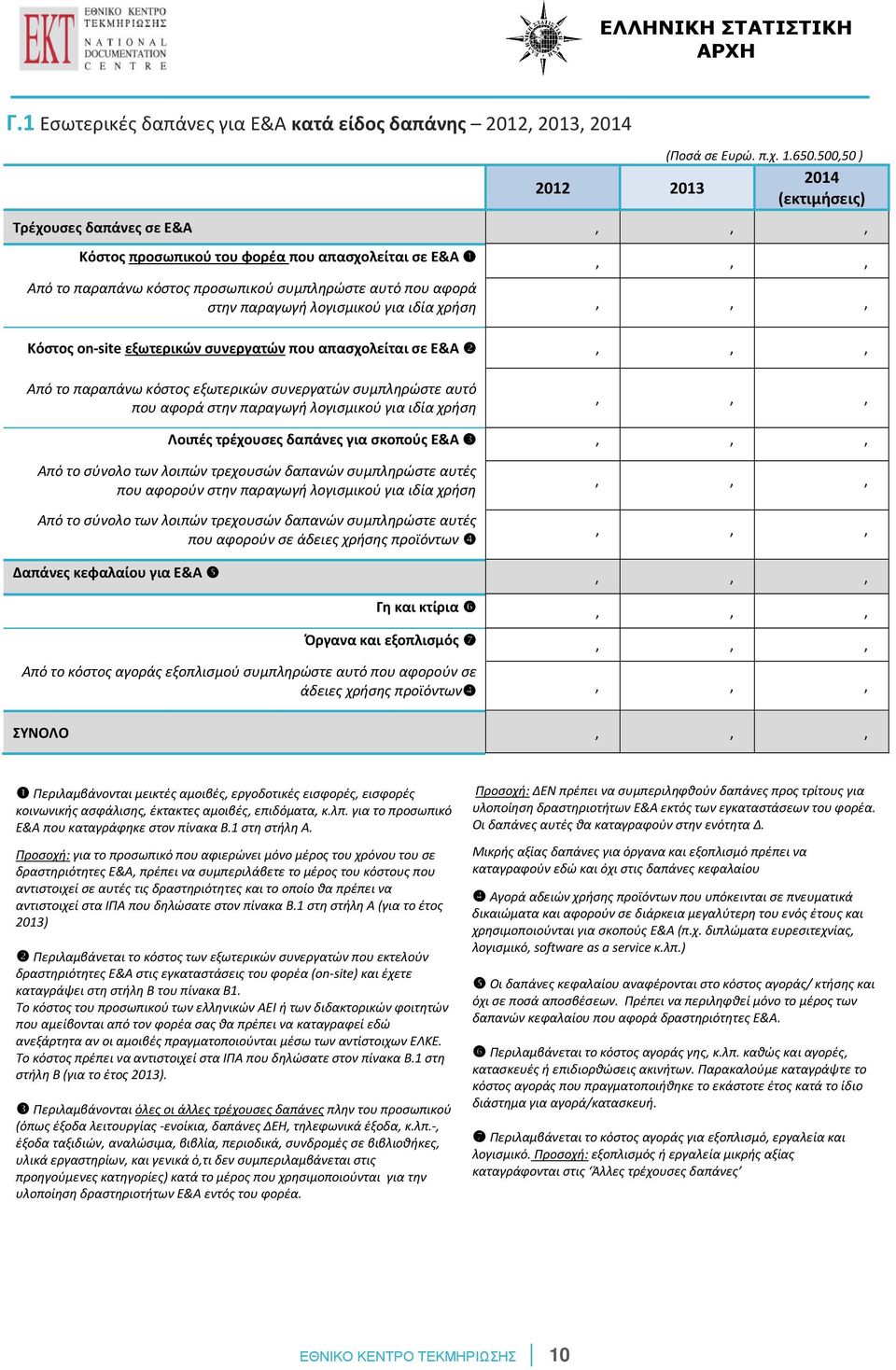 παραγωγή λογισμικού για ιδία χρήση, 0, 0, 0 Κόστος on-site εξωτερικών συνεργατών που απασχολείται σε Ε&Α ❷, 0, 0, 0 Από το παραπάνω κόστος εξωτερικών συνεργατών συμπληρώστε αυτό που αφορά στην