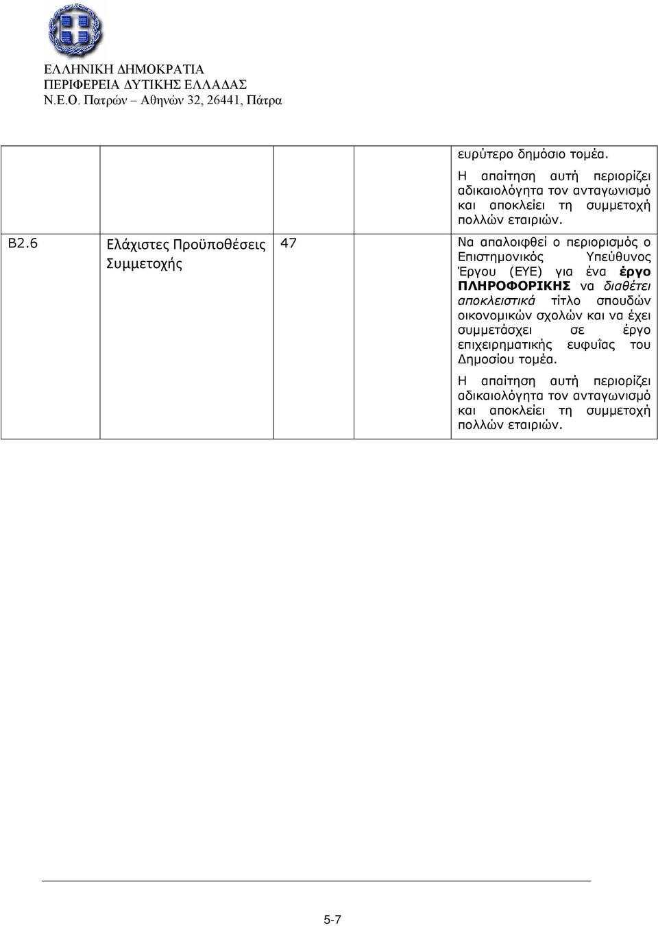 47 Να απαλοιφθεί ο περιορισμός ο Επιστημονικός Υπεύθυνος Έργου (ΕΥΕ) για ένα έργο ΠΛΗΡΟΦΟΡΙΚΗΣ να διαθέτει αποκλειστικά