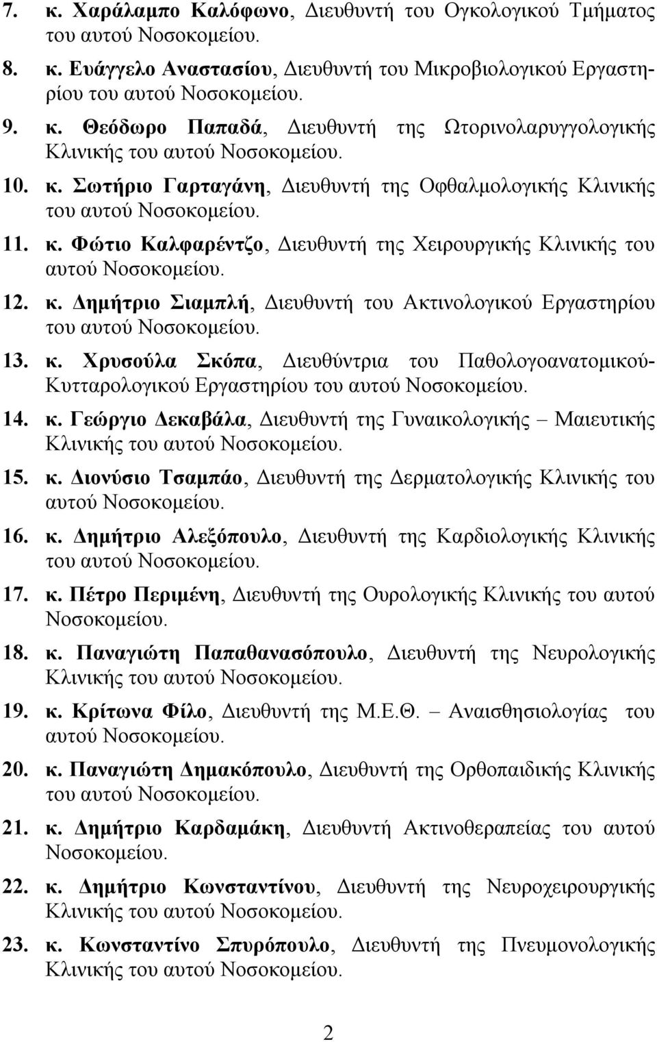 13. κ. Χρυσούλα Σκόπα, Διευθύντρια του Παθολογοανατομικού- Κυτταρολογικού Εργαστηρίου του αυτού Νοσοκομείου. 14. κ. Γεώργιο Δεκαβάλα, Διευθυντή της Γυναικολογικής Μαιευτικής 15. κ. Διονύσιο Τσαμπάο, Διευθυντή της Δερματολογικής Κλινικής του αυτού Νοσοκομείου.