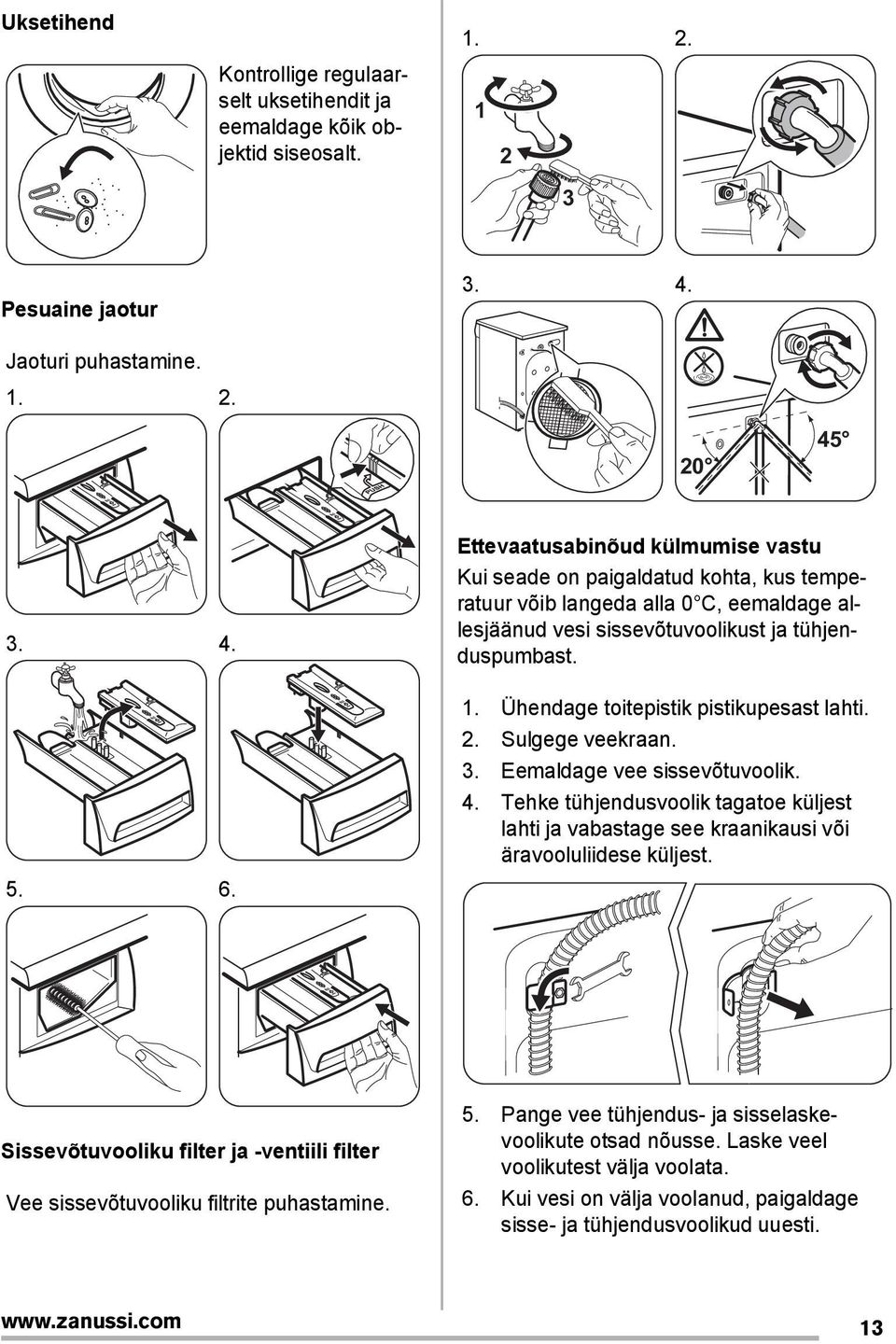 Ühendage toitepistik pistikupesast lahti. 2. Sulgege veekraan. 3. Eemaldage vee sissevõtuvoolik. 4.