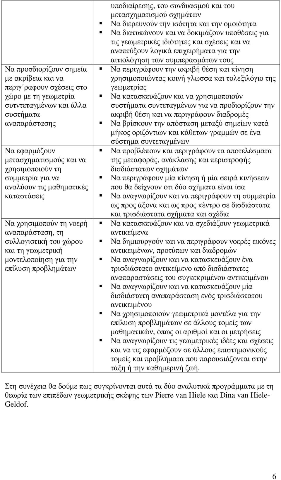 συνδυασµού και του µετασχηµατισµού σχηµάτων Να διερευνούν την ισότητα και την οµοιότητα Να διατυπώνουν και να δοκιµάζουν υποθέσεις για τις γεωµετρικές ιδιότητες και σχέσεις και να αναπτύξουν λογικά