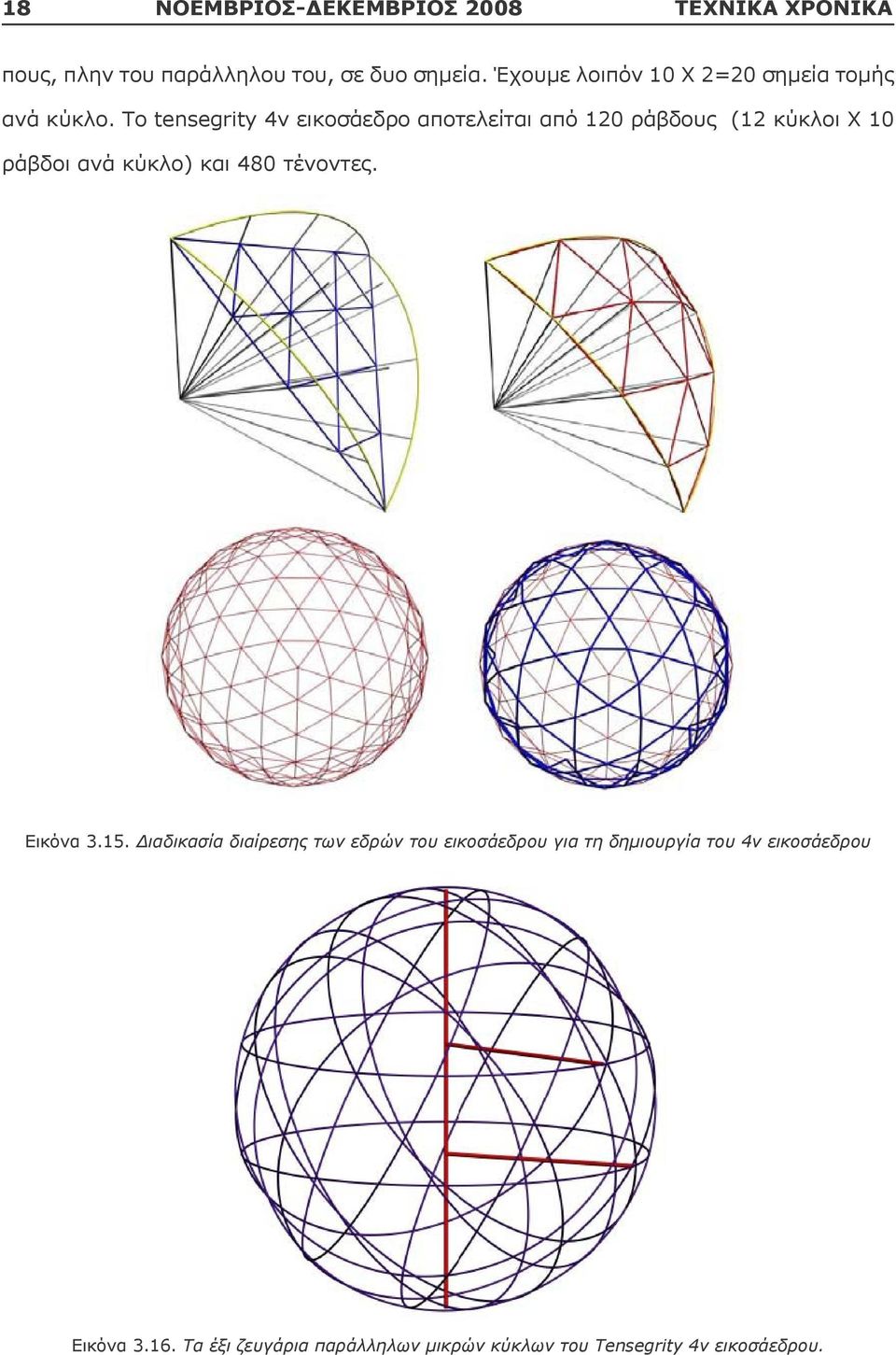 Το tensegrity 4ν εικοσάεδρο αποτελείται από 120 ράβδους (12 κύκλοι Χ 10 ράβδοι ανά κύκλο) και 480 τένοντες.