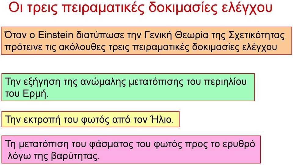 ελέγχου Την εξήγηση της ανώμαλης μετατόπισης του περιηλίου του Ερμή.