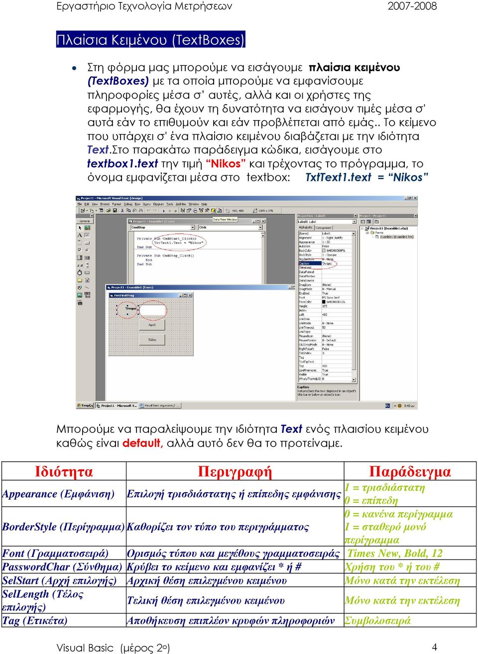 Στο παρακάτω παράδειγµα κώδικα, εισάγουµε στο textbox1.text την τιµή Nikos και τρέχοντας το πρόγραµµα, το όνοµα εµφανίζεται µέσα στο textbox: TxtText1.