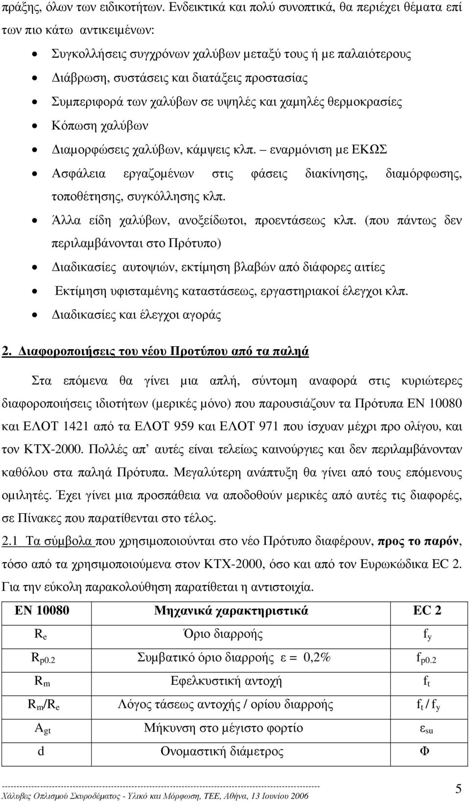 των χαλύβων σε υψηλές και χαµηλές θερµοκρασίες Κόπωση χαλύβων ιαµορφώσεις χαλύβων, κάµψεις κλπ.