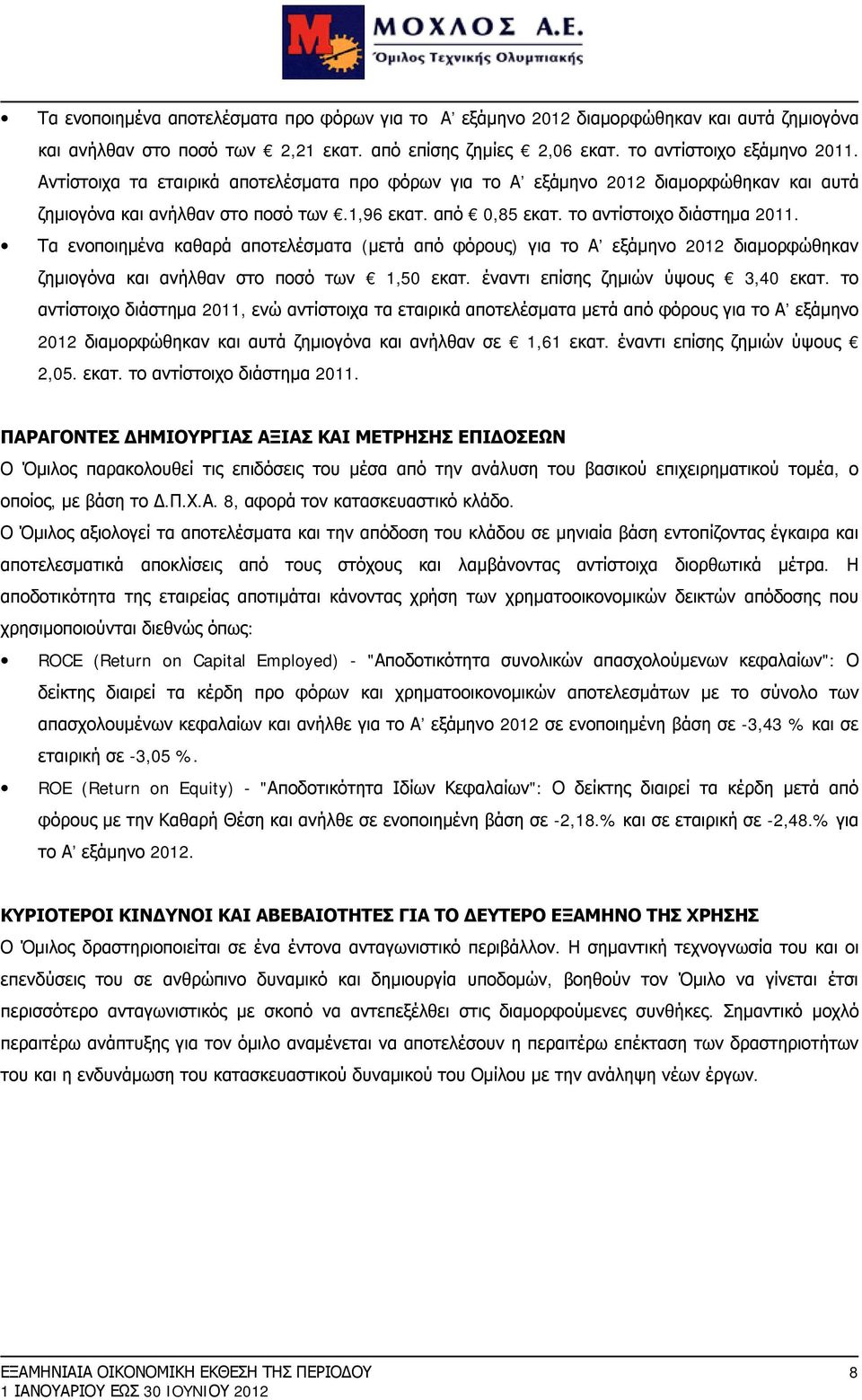 Τα ενοποιημένα καθαρά αποτελέσματα (μετά από φόρους) για το Α εξάμηνο 2012 διαμορφώθηκαν ζημιογόνα και ανήλθαν στο ποσό των 1,50 εκατ. έναντι επίσης ζημιών ύψους 3,40 εκατ.