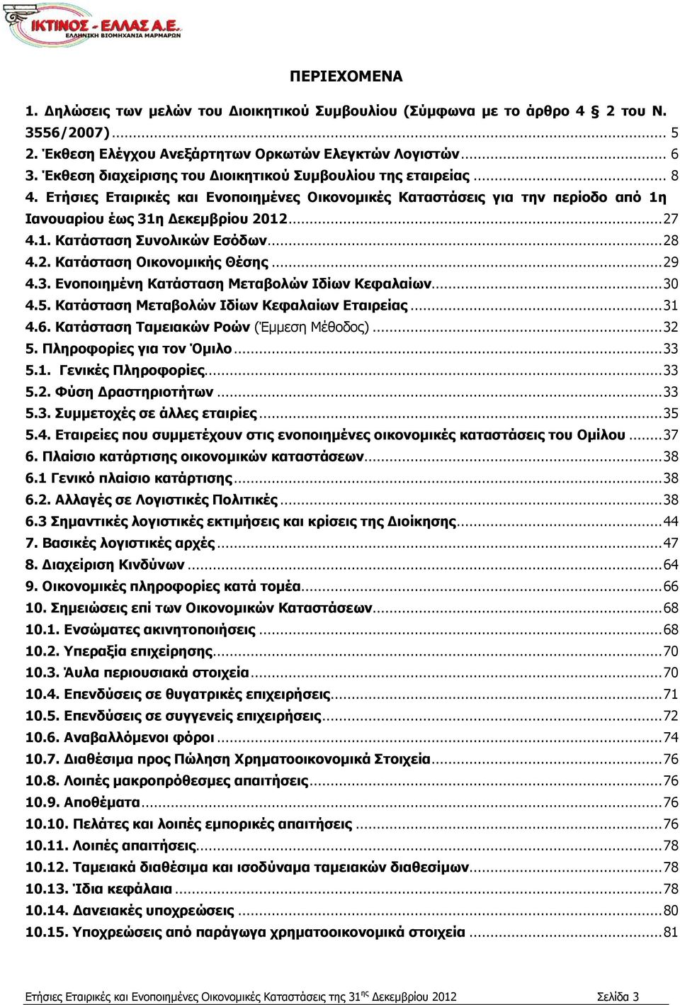 .. 28 4.2. Κατάσταση Οικονομικής Θέσης... 29 4.3. Ενοποιημένη Κατάσταση Μεταβολών Ιδίων Κεφαλαίων... 30 4.5. Κατάσταση Μεταβολών Ιδίων Κεφαλαίων Εταιρείας... 31 4.6.