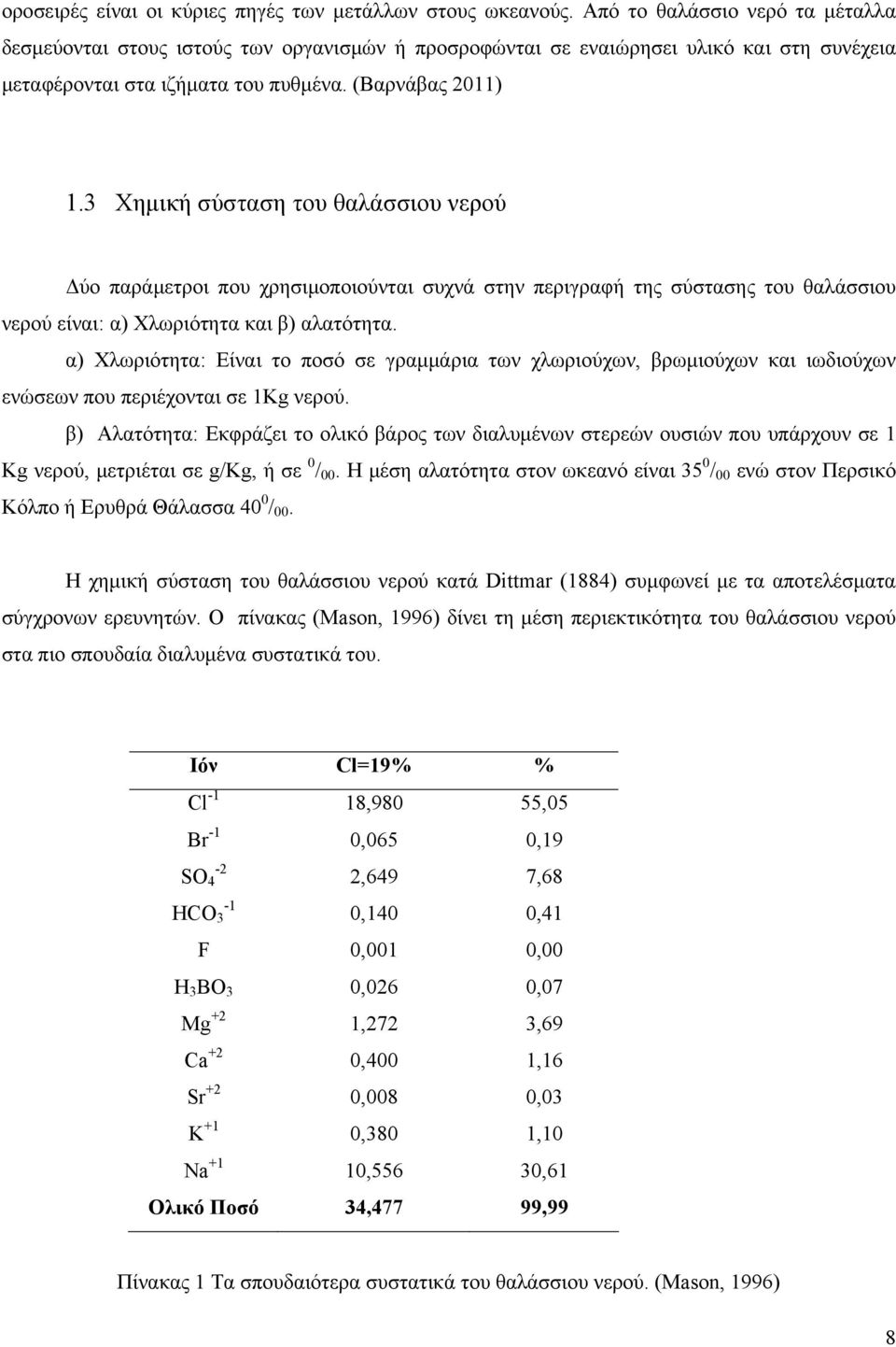 3 Χημική σύσταση του θαλάσσιου νερού Δύο παράμετροι που χρησιμοποιούνται συχνά στην περιγραφή της σύστασης του θαλάσσιου νερού είναι: α) Χλωριότητα και β) αλατότητα.