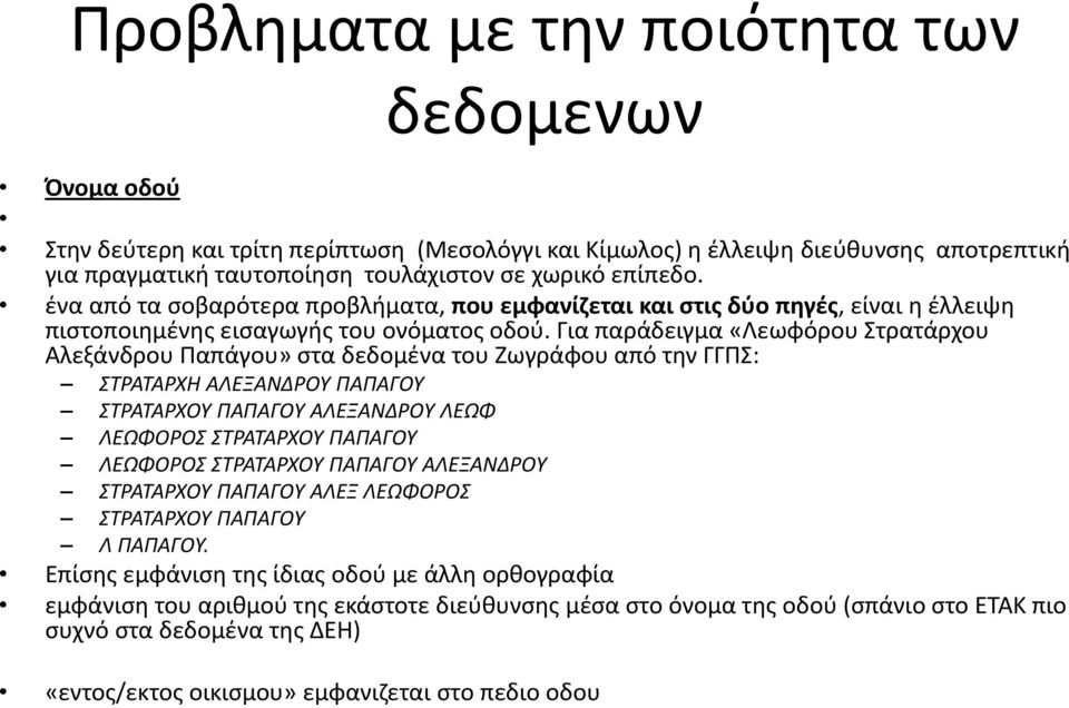 Για παράδειγμα «Λεωφόρου Στρατάρχου Αλεξάνδρου Παπάγου» στα δεδομένα του Ζωγράφου από την ΓΓΠΣ: ΣΤΡΑΤΑΡΧΗ ΑΛΕΞΑΝΔΡΟΥ ΠΑΠΑΓΟΥ ΣΤΡΑΤΑΡΧΟΥ ΠΑΠΑΓΟΥ ΑΛΕΞΑΝΔΡΟΥ ΛΕΩΦ ΛΕΩΦΟΡΟΣ ΣΤΡΑΤΑΡΧΟΥ ΠΑΠΑΓΟΥ ΛΕΩΦΟΡΟΣ