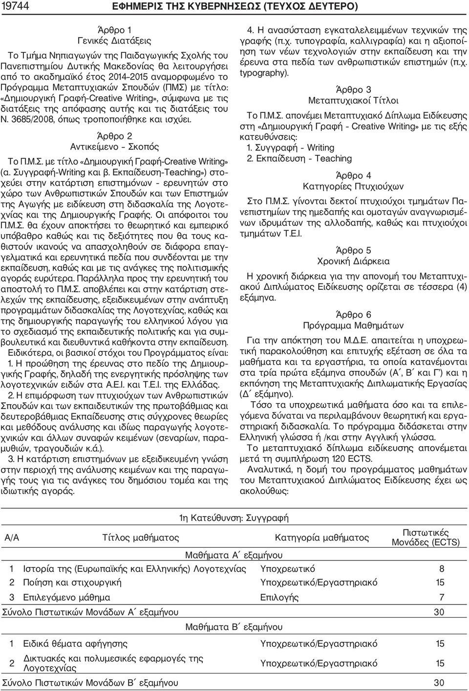 685/008, όπως τροποποιήθηκε και ισχύει. Άρθρο Αντικείμενο Σκοπός Το Π.Μ.Σ. με τίτλο «Δημιουργική Γραφή Creative Writing» (α. Συγγραφή Writing και β.