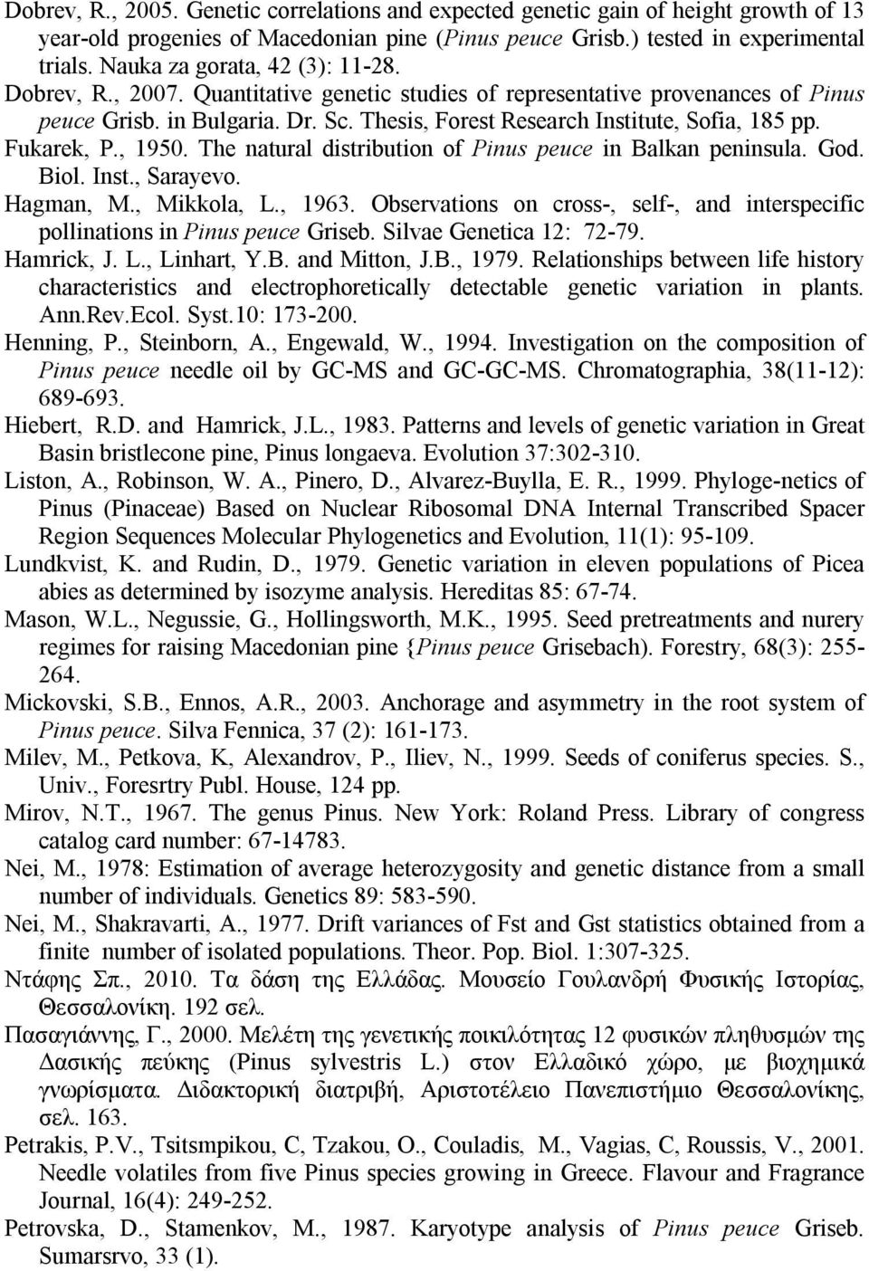 Thesis, Forest Research Institute, Sofia, 185 pp. Fukarek, P., 1950. The natural distribution of Pinus peuce in Balkan peninsula. God. Biol. Inst., Sarayevo. Hagman, M., Mikkola, L., 1963.