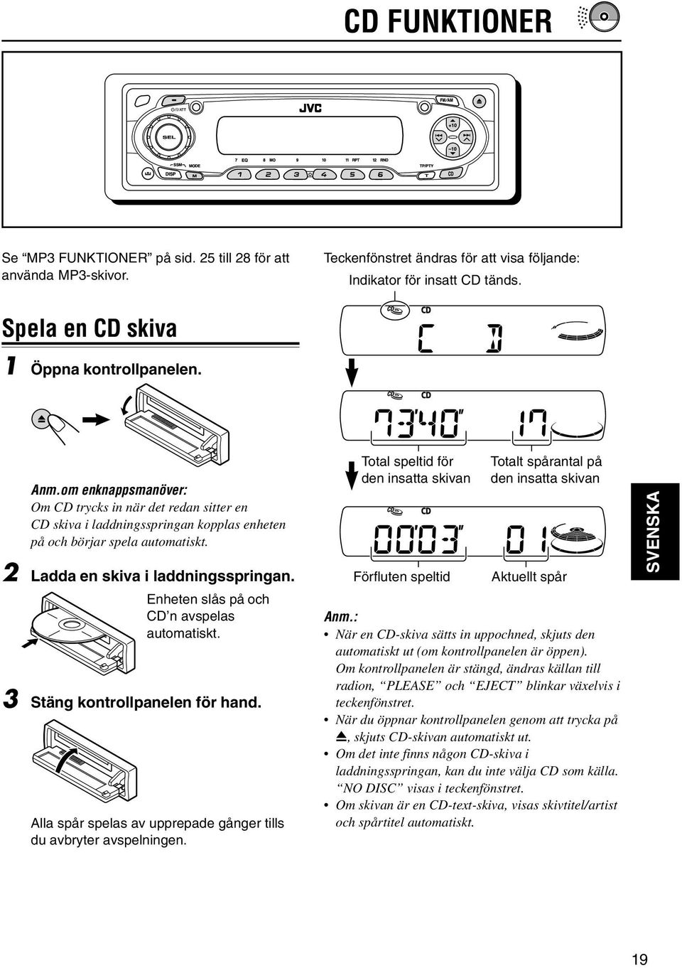 Enheten slås på och CD n avspelas automatiskt. 3 Stäng kontrollpanelen för hand. Alla spår spelas av upprepade gånger tills du avbryter avspelningen.