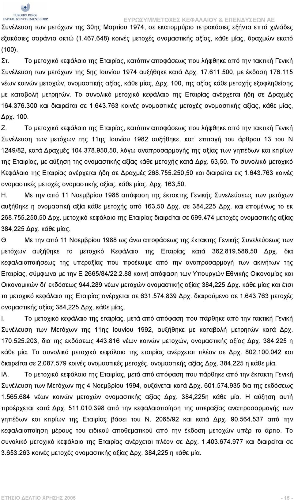 115 νέων κοινών µετοχών, ονοµαστικής αξίας, κάθε µίας, ρχ. 100, της αξίας κάθε µετοχής εξοφληθείσης µε καταβολή µετρητών. Το συνολικό µετοχικό κεφάλαιο της Εταιρίας ανέρχεται ήδη σε ραχµές 164.376.