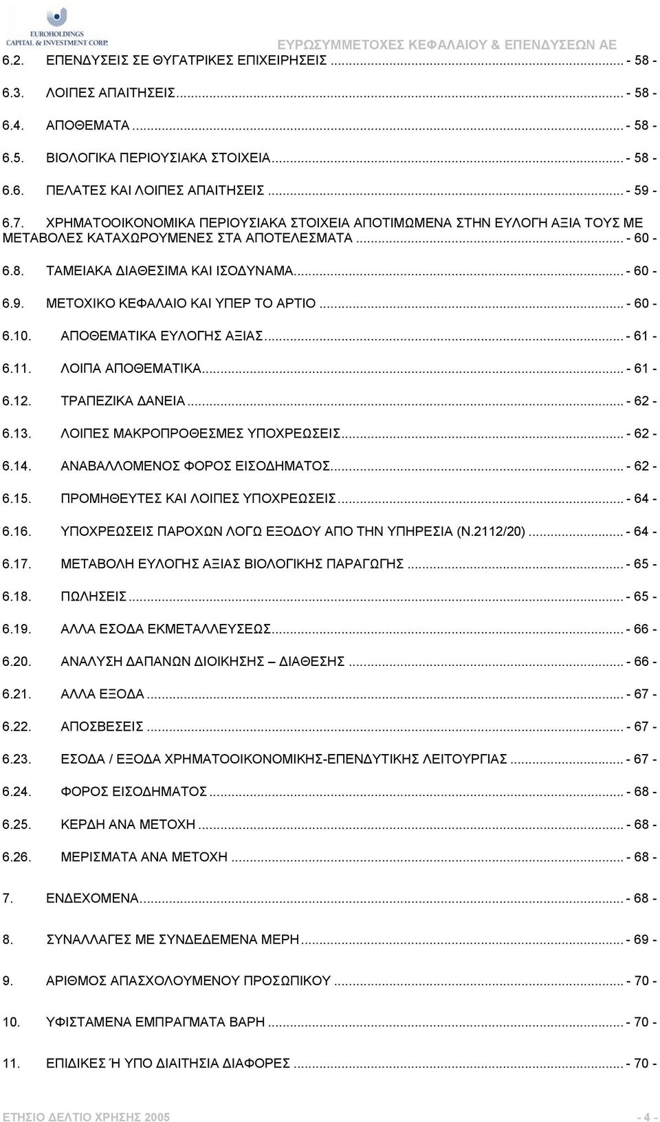 ΜΕΤΟΧΙΚΟ ΚΕΦΑΛΑΙΟ ΚΑΙ ΥΠΕΡ ΤΟ ΑΡΤΙΟ... - 60-6.10. ΑΠΟΘΕΜΑΤΙΚΑ ΕΥΛΟΓΗΣ ΑΞΙΑΣ... - 61-6.11. ΛΟΙΠΑ ΑΠΟΘΕΜΑΤΙΚΑ... - 61-6.12. ΤΡΑΠΕΖΙΚΑ ΑΝΕΙΑ... - 62-6.13. ΛΟΙΠΕΣ ΜΑΚΡΟΠΡΟΘΕΣΜΕΣ ΥΠΟΧΡΕΩΣΕΙΣ... - 62-6.14.