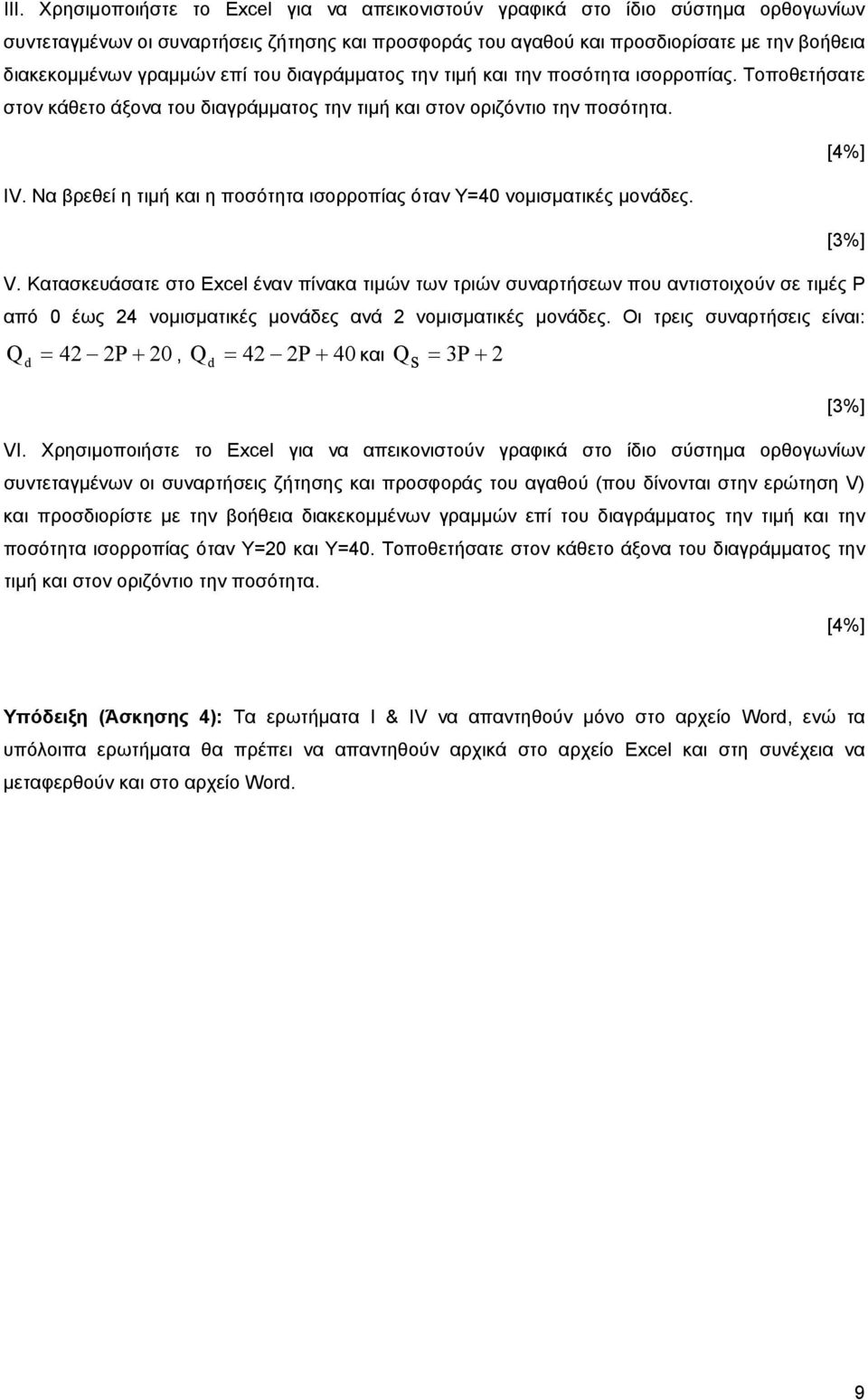 Να βρεθεί η τιµή και η ποσότητα ισορροπίας όταν Υ=40 νοµισµατικές µονάδες. V.