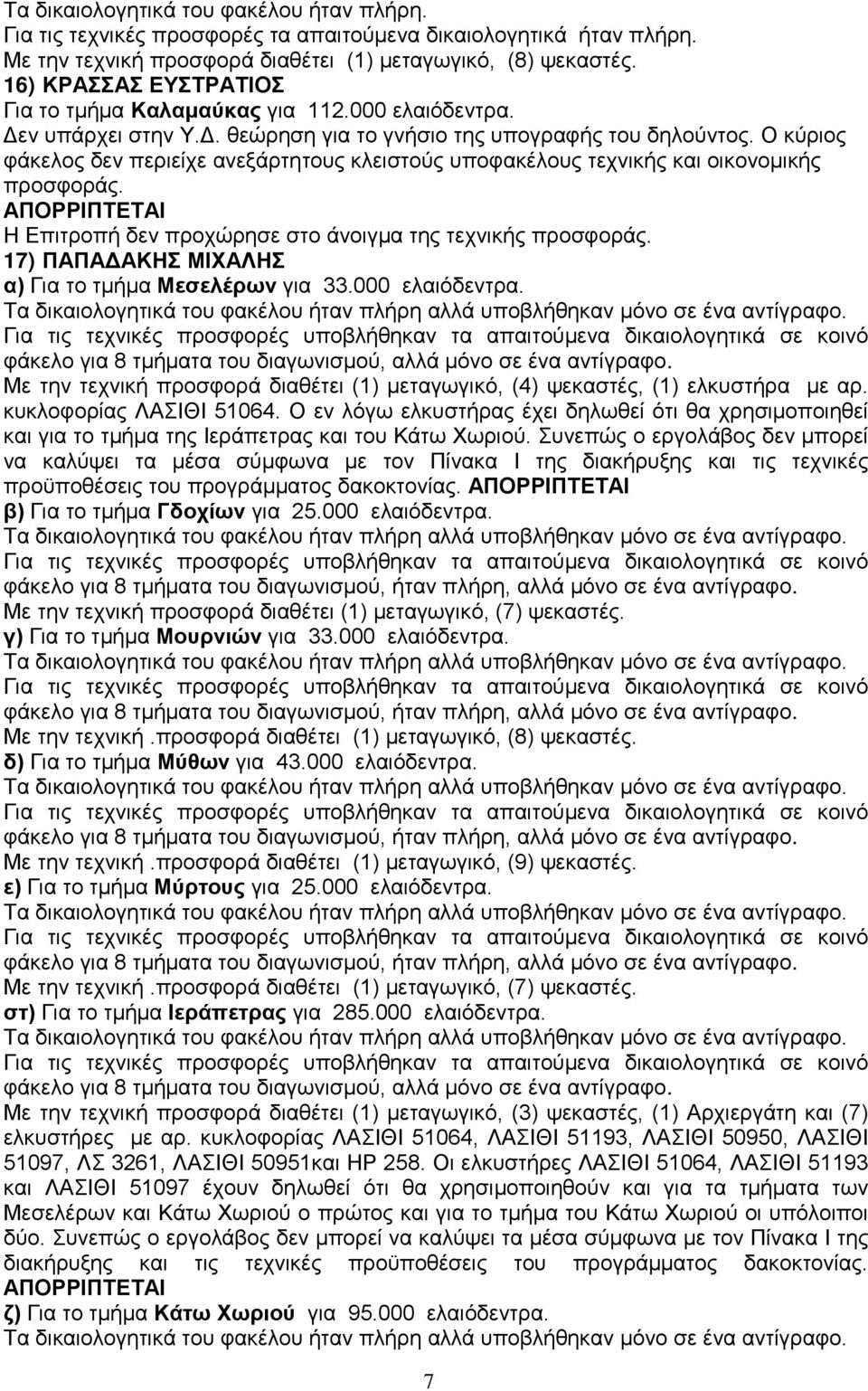 φάκελο για 8 τμήματα του διαγωνισμού, αλλά μόνο σε ένα αντίγραφο. Με την τεχνική προσφορά διαθέτει (1) μεταγωγικό, (4) ψεκαστές, (1) ελκυστήρα με αρ. κυκλοφορίας ΛΑΣΙΘΙ 51064.