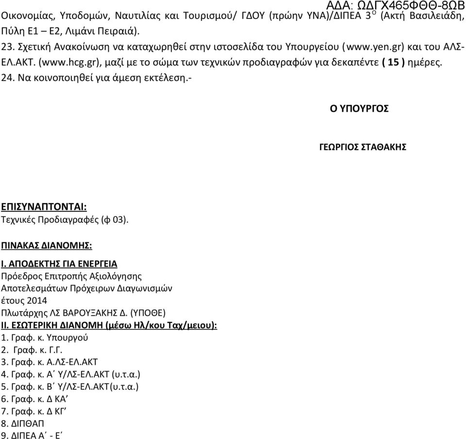 - Ο ΥΠΟΥΡΓΟΣ ΓΕΩΡΓΙΟΣ ΣΤΑΘΑΚΗΣ ΕΠΙΣΥΝΑΠΤΟΝΤΑΙ: Τεχνικές Προδιαγραφές (φ 03). ΠΙΝΑΚΑΣ ΔΙΑΝΟΜΗΣ: Ι.