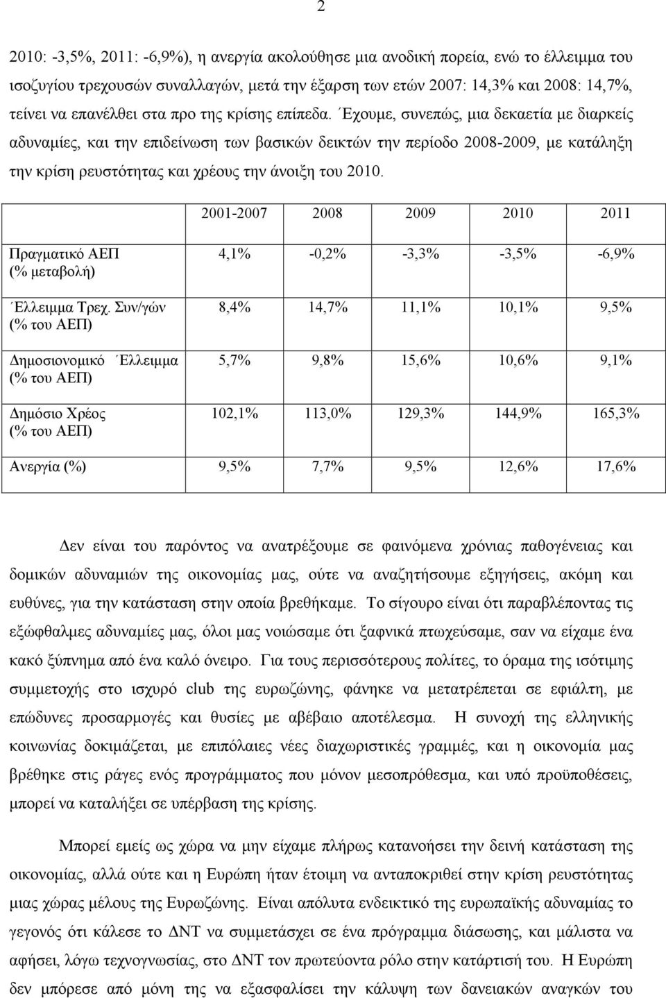 Εχουµε, συνεπώς, µια δεκαετία µε διαρκείς αδυναµίες, και την επιδείνωση των βασικών δεικτών την περίοδο 2008-2009, µε κατάληξη την κρίση ρευστότητας και χρέους την άνοιξη του 2010.