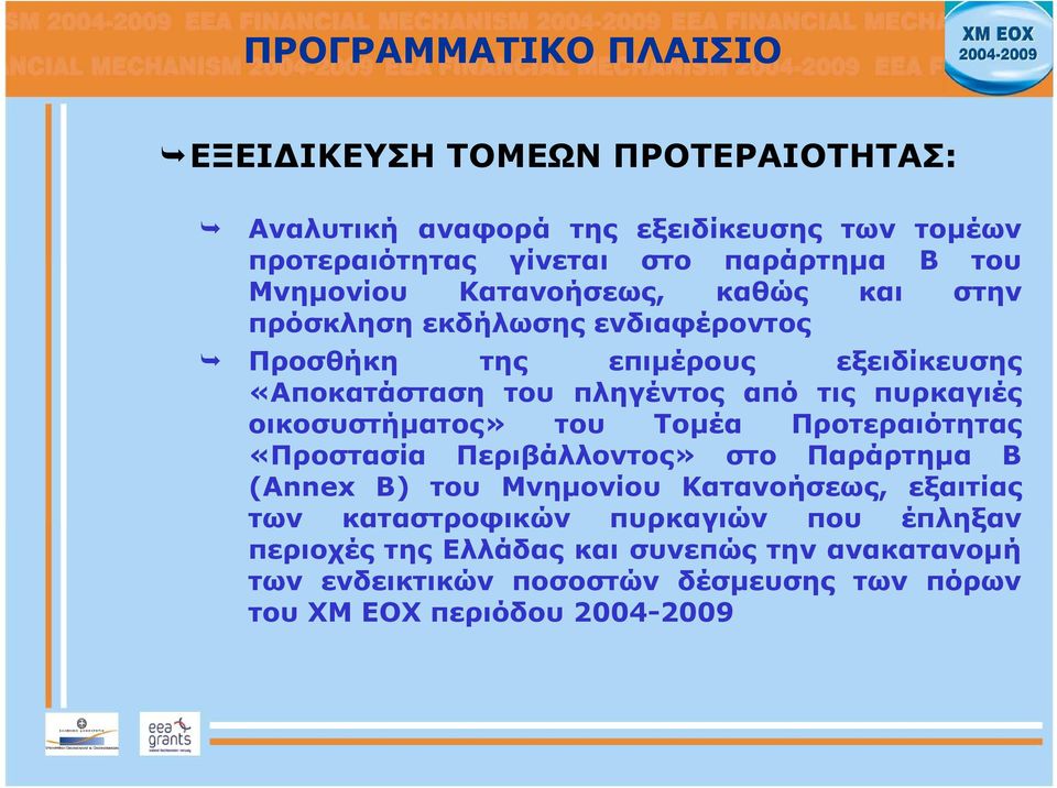 πυρκαγιές οικοσυστήματος» του Τομέα Προτεραιότητας «Προστασία Περιβάλλοντος» στο Παράρτημα Β (Annex B) του Μνημονίου Κατανοήσεως, εξαιτίας των