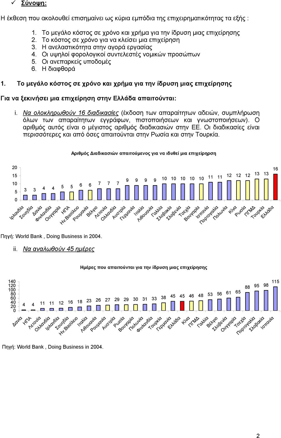 Το µεγάλο κόστος σε χρόνο και χρήµα για την ίδρυση µιας επιχείρησης Για να ξεκινήσει µια επιχείρηση στην απαιτούνται: i.