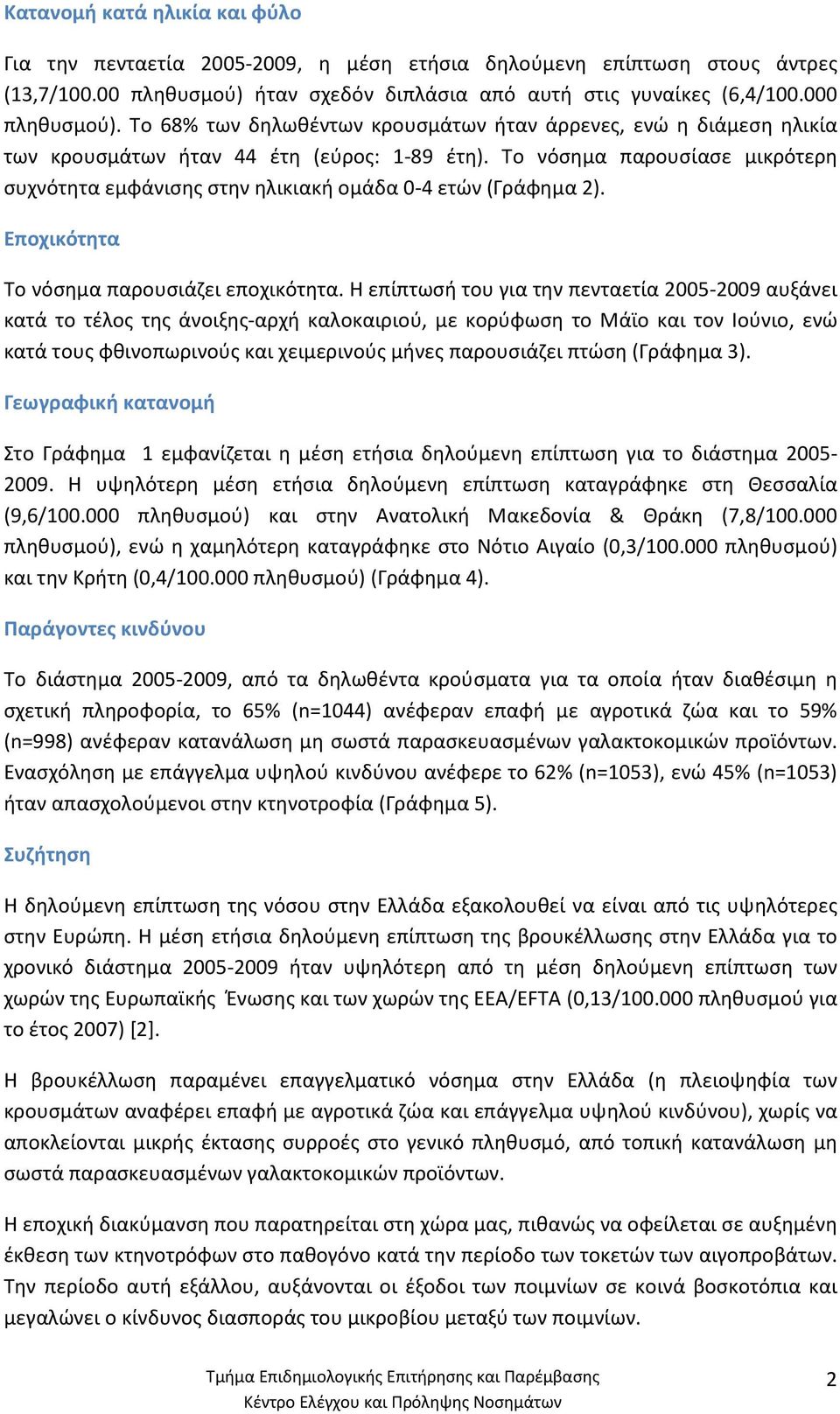 Το νόσημα παρουσίασε μικρότερη συχνότητα εμφάνισης στην ηλικιακή ομάδα 0-4 ετών (Γράφημα 2). Εποχικότητα Το νόσημα παρουσιάζει εποχικότητα.